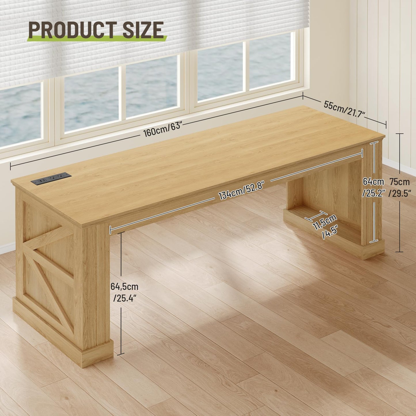 STHYTON 63-Inch Farmhouse Executive Desk, Long Computer Desk with Built-in Charging Station & Bottom Storage, Home Office Writing Study Desk for Bedroom, Living Room, Natural