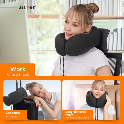 MLVOC Travel Neck Pillow - Upgraded 100% Pure Memory Foam for Airplane Comfort | Includes 3D Eye Mask, Earplugs & Bag - Black