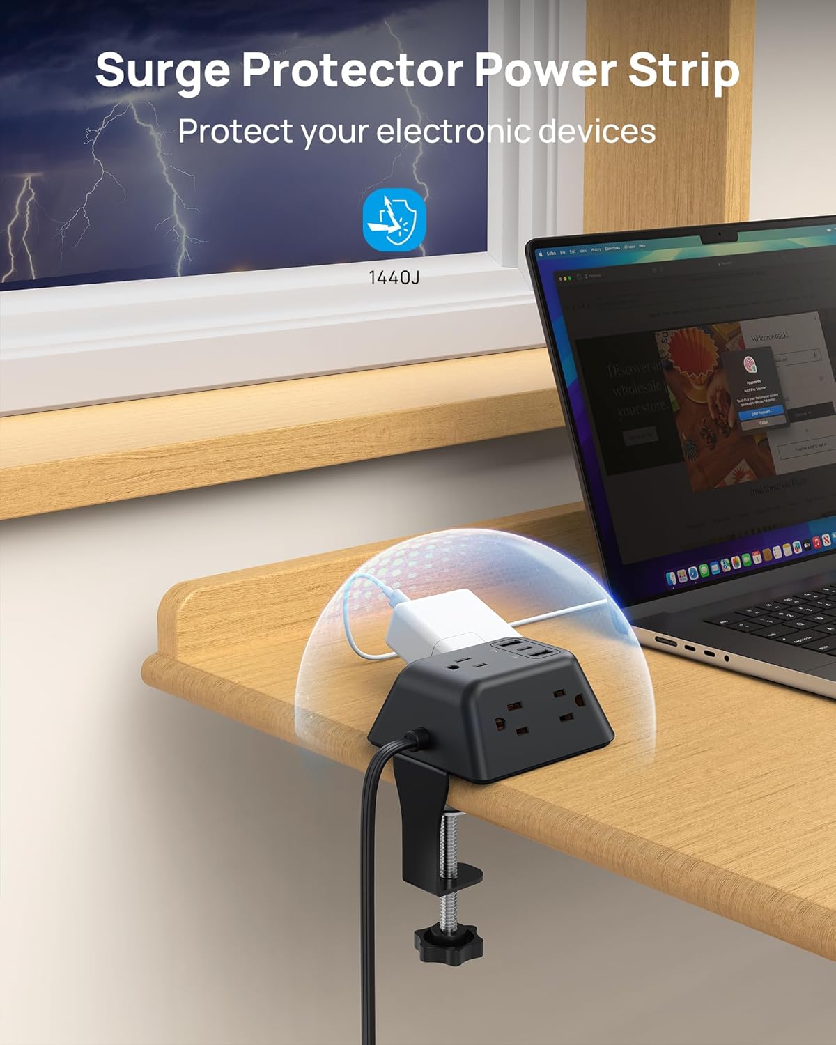 TROND 5 3 1.97in 10FT Desk Clamp Power Strip, Surge Protector with AC Outlets and USB Ports, Desk Mount Charging