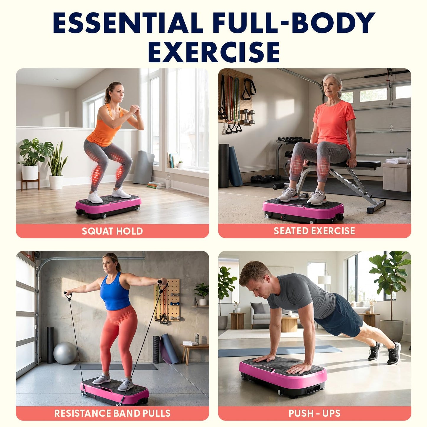 SQUATZ Vibration Plate Exercise Machine, Vibration Plate with Handles and 1-99 Speed Levels, 10 Preset Programs, Quiet Low-Impact Home Fitness Platform with Remote Control, Portable Design, Pink