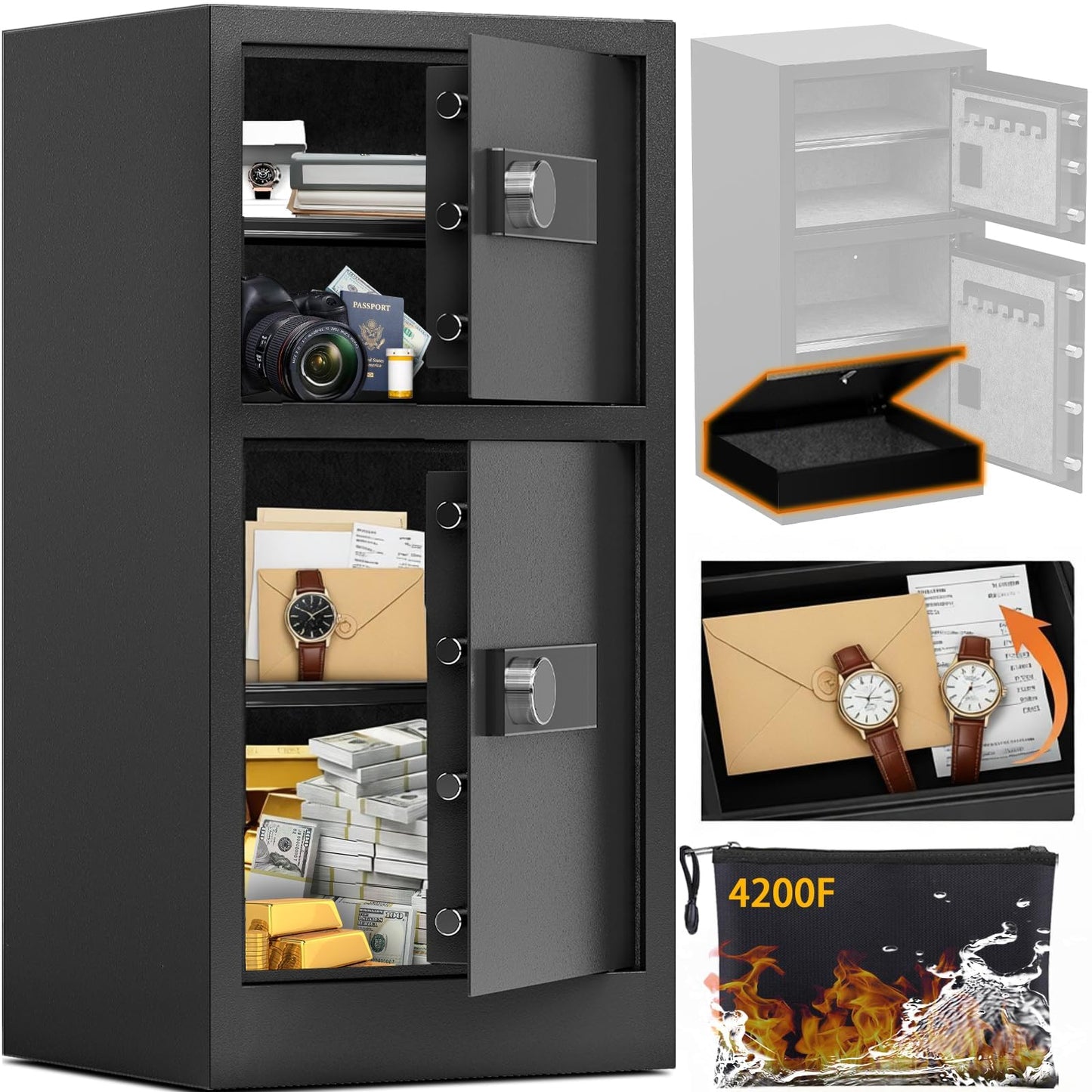 8.6 CuFt Safe Box, Large Safe for Home Office, Heavy Duty Safe with Digital Lock & Keypad, Document Safe with Hidden Compartment, Adjustable Shelf, Anti-Theft Alarm, Fireproof and Waterproof Bag