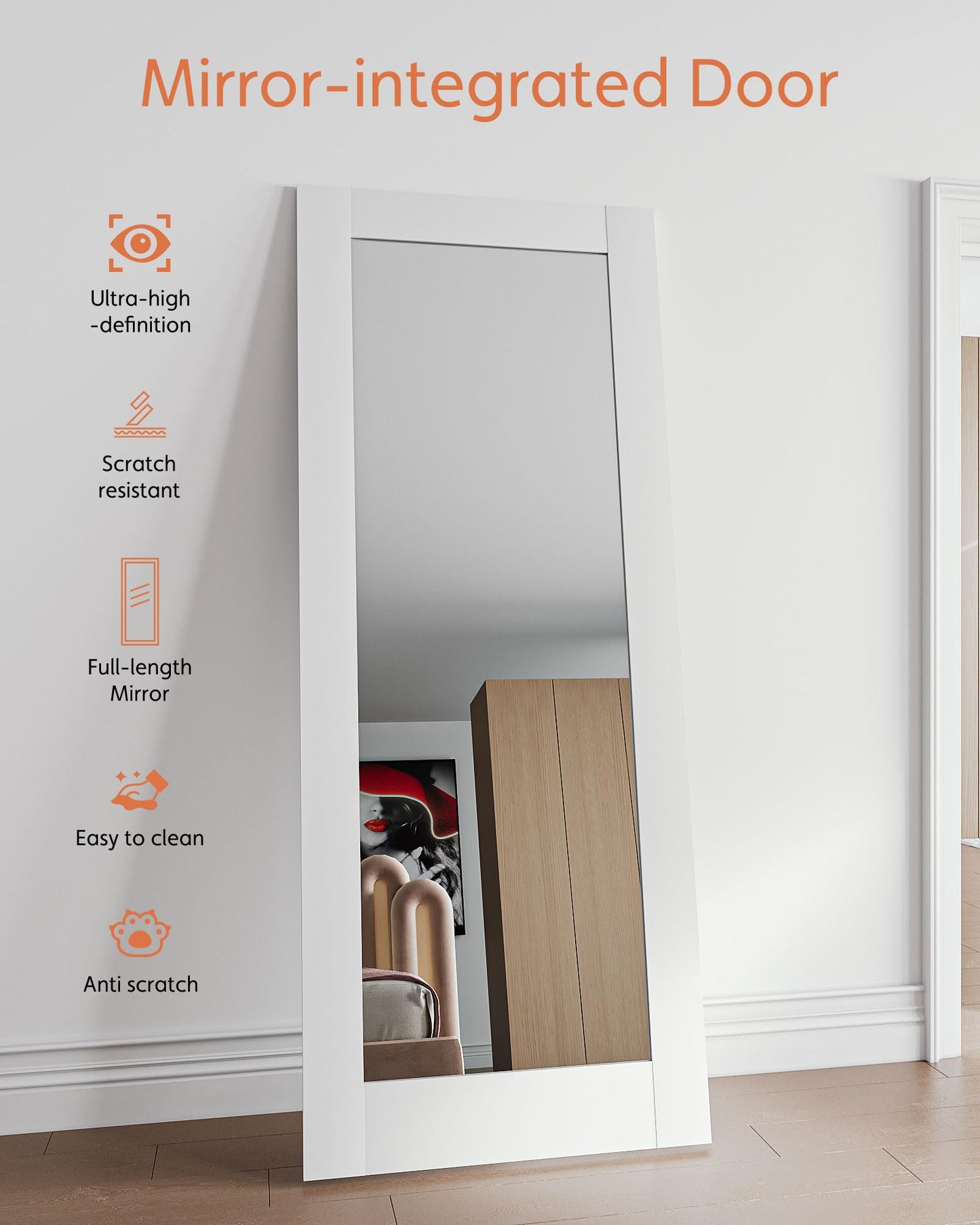 24" x 80" Mirror Slab Door,Paintable Solid Wood Pocket Barn Doors for Bedroom Closet Laundry Pantry Bathroom White Pre-Finished Surface Paintable, w/o Hardware