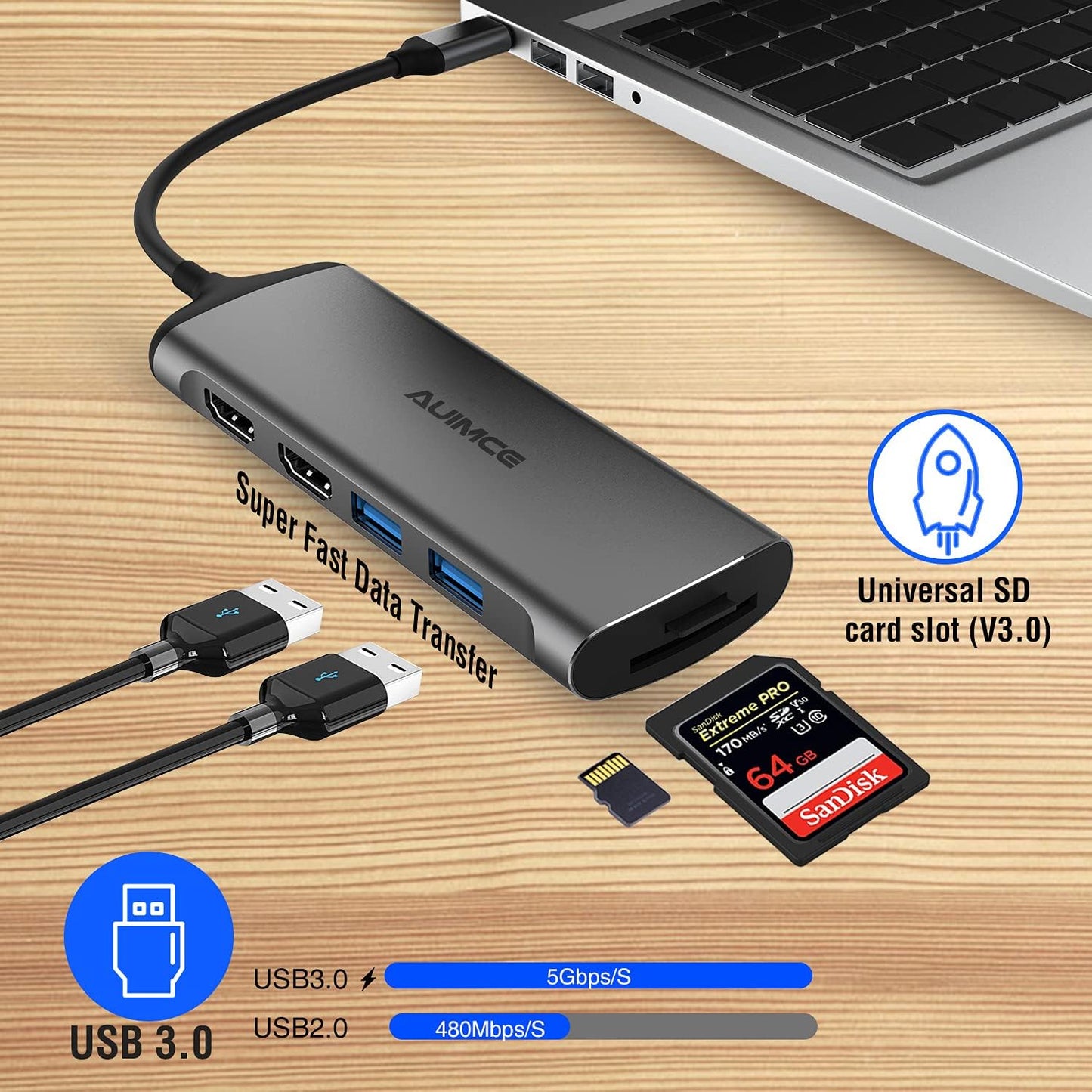 Auimce 7-in-1 2 HDMI,100W 3.0, USB C Docking Station Dual Monitor, Laptop Dock with PD, USB SD/TF Card Reader Ports