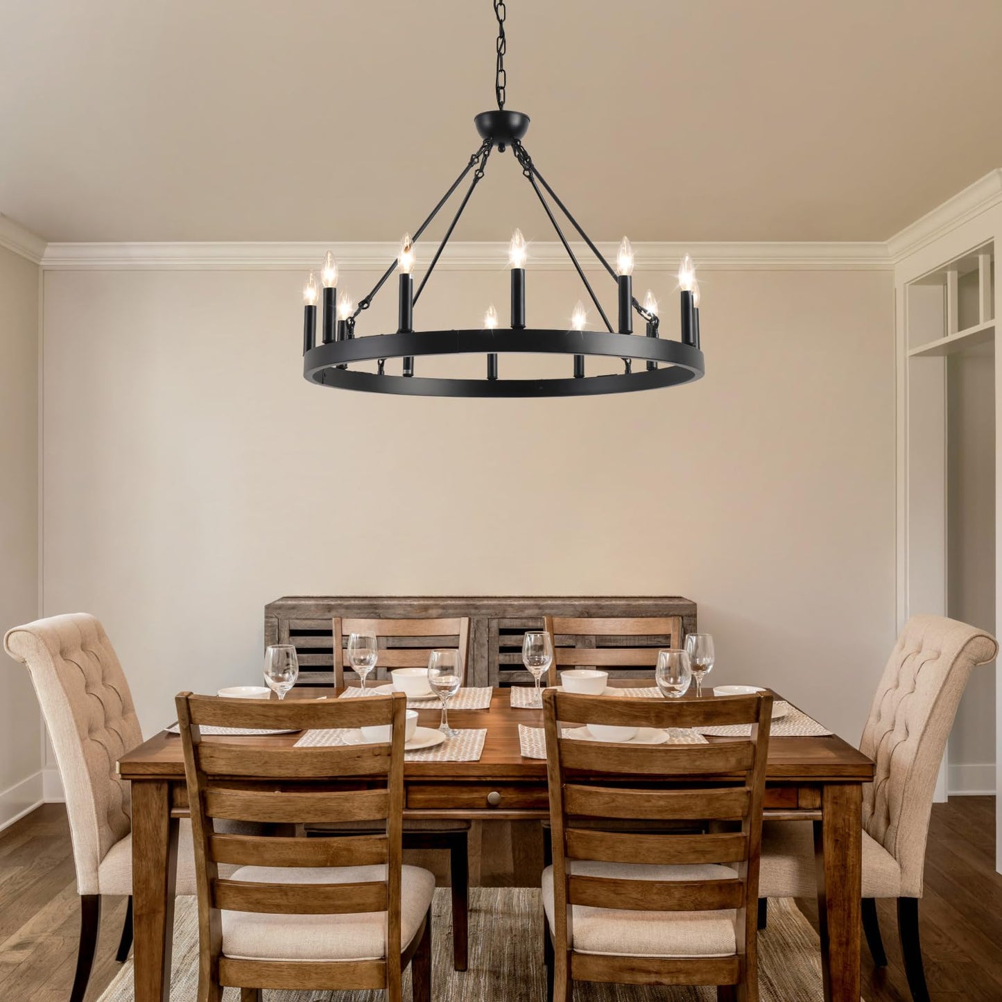 VBKK Wagon Wheel Chandelier 32" 12-Light, Round Black Chandeliers Farmhouse Modern Wagon Wheel Light Fixtures, for High Ceiling Dining Living Room, Foyer, Entryway