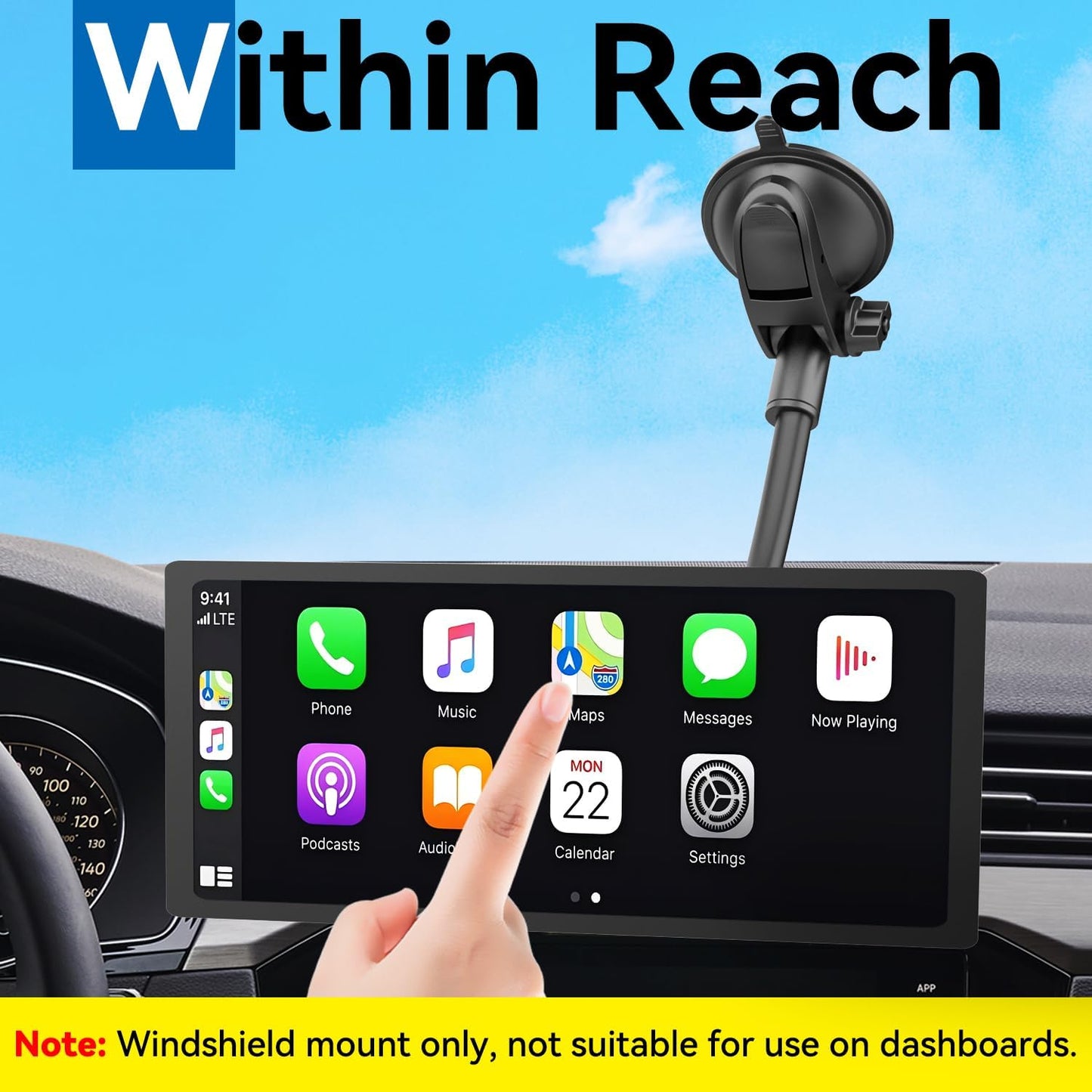 SkyTitan 300mm 4-Tab Long Arm Car Mount for Portable CarPlay Screens, Adjustable Angles, Within Reach Mounting Solution