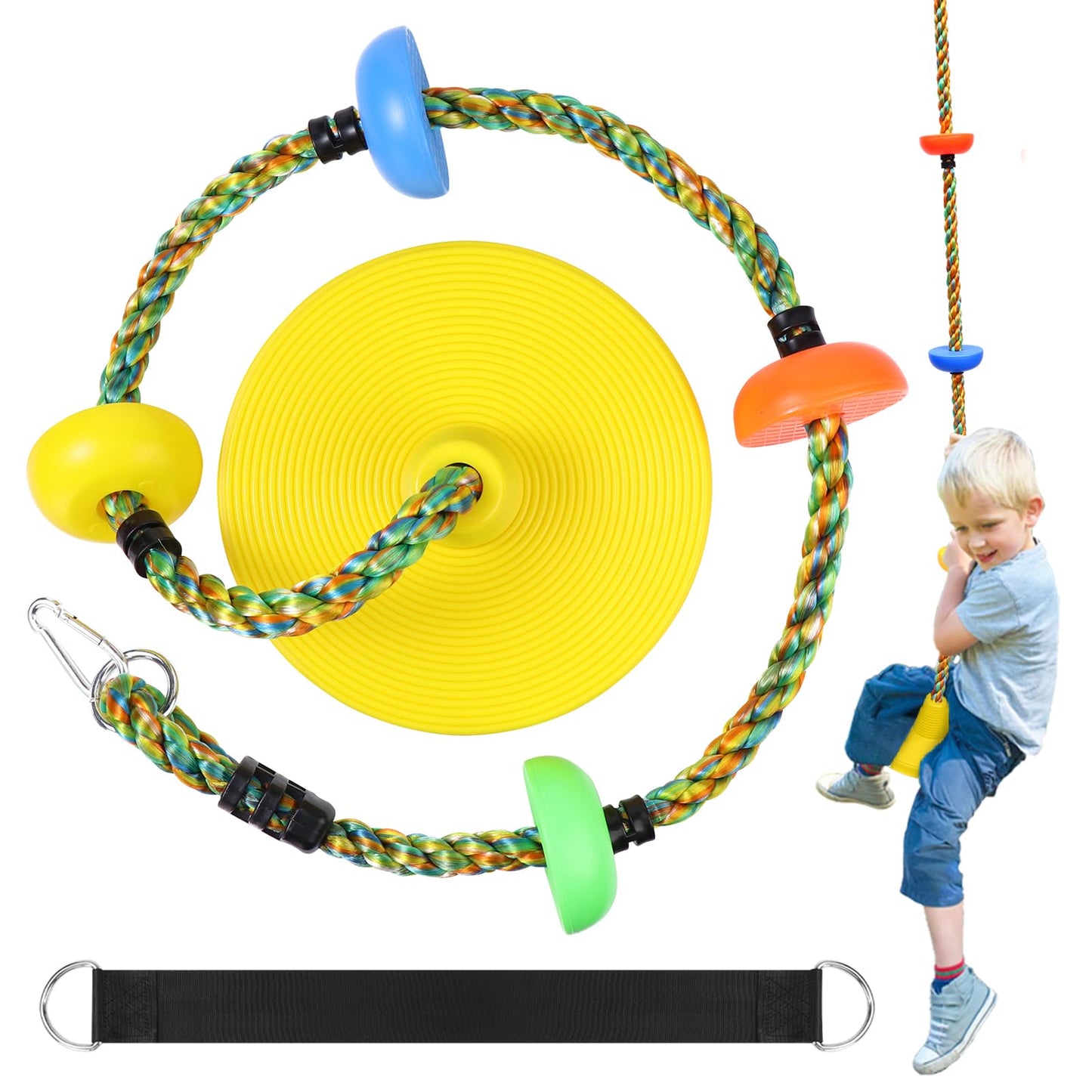 Tree Swing for Kids,Heavy Duty Single Disc Seat Climbing Rope Set with Hanging Strap and Platform Carabiners for Backyard Treehouse and Outdoor Playground Accessories(Yellow)