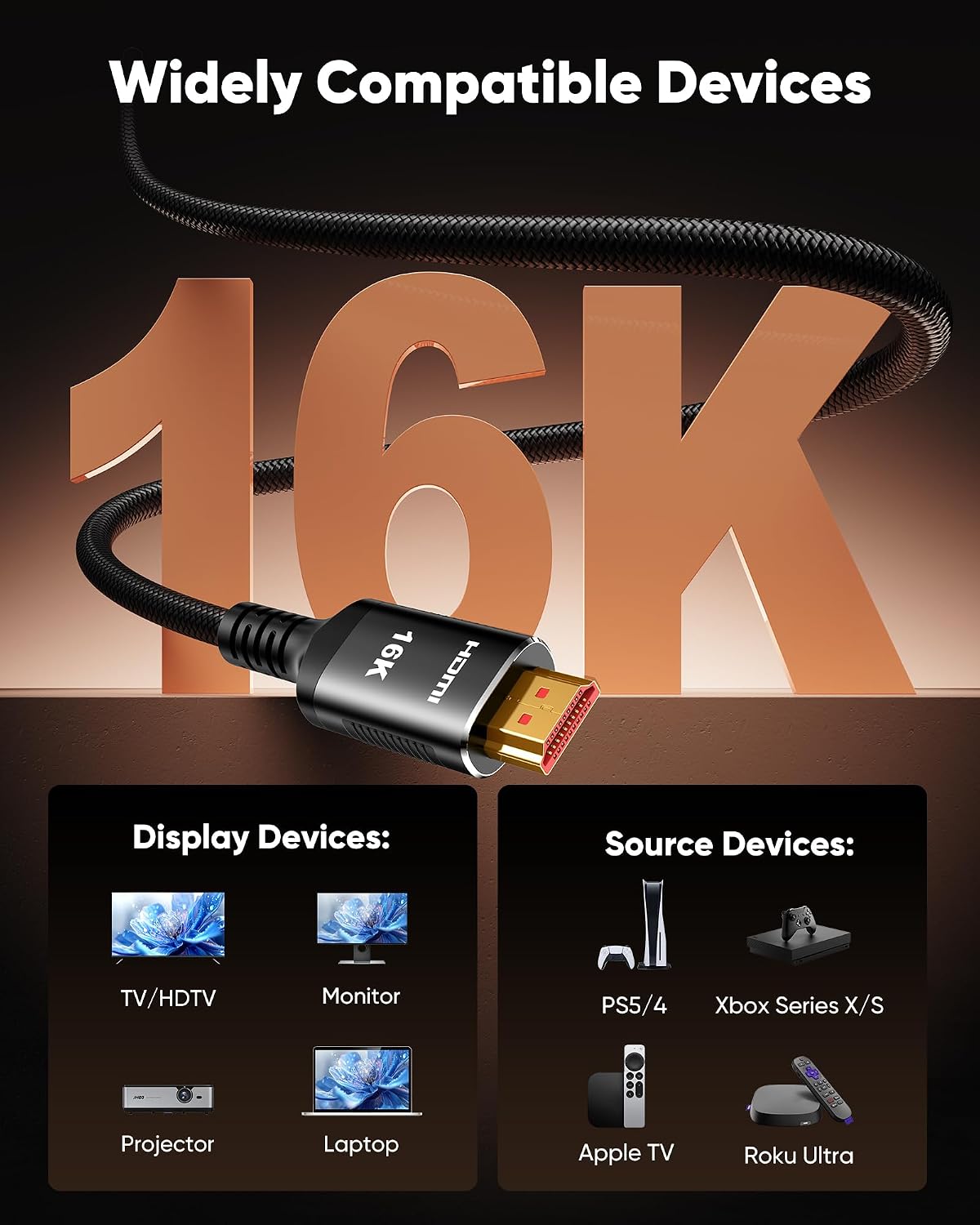 16K 10K 8K 96Gbps 3.3FT, 48Gbps 8K@120Hz, 4K@240Hz 2.3 Snowkids HDMI Cable Ultra High-Speed HDMI Cables Cord, HDCP