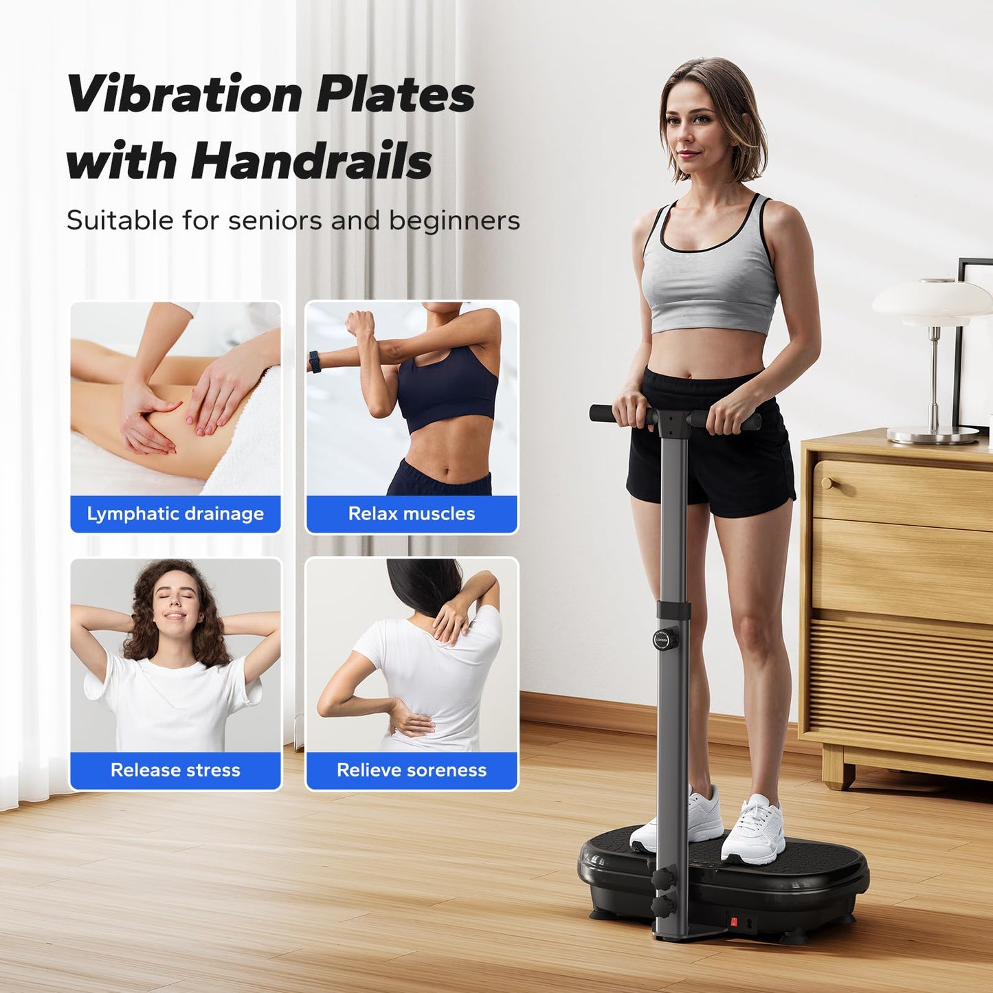 MERACH Vibration Plate Exercise Machine, Vibration Plate for Lymphatic Drainage Weight Loss, Vibrating Plate Exercise Machine with Handrails, Exercise Equipment for Women Men Home