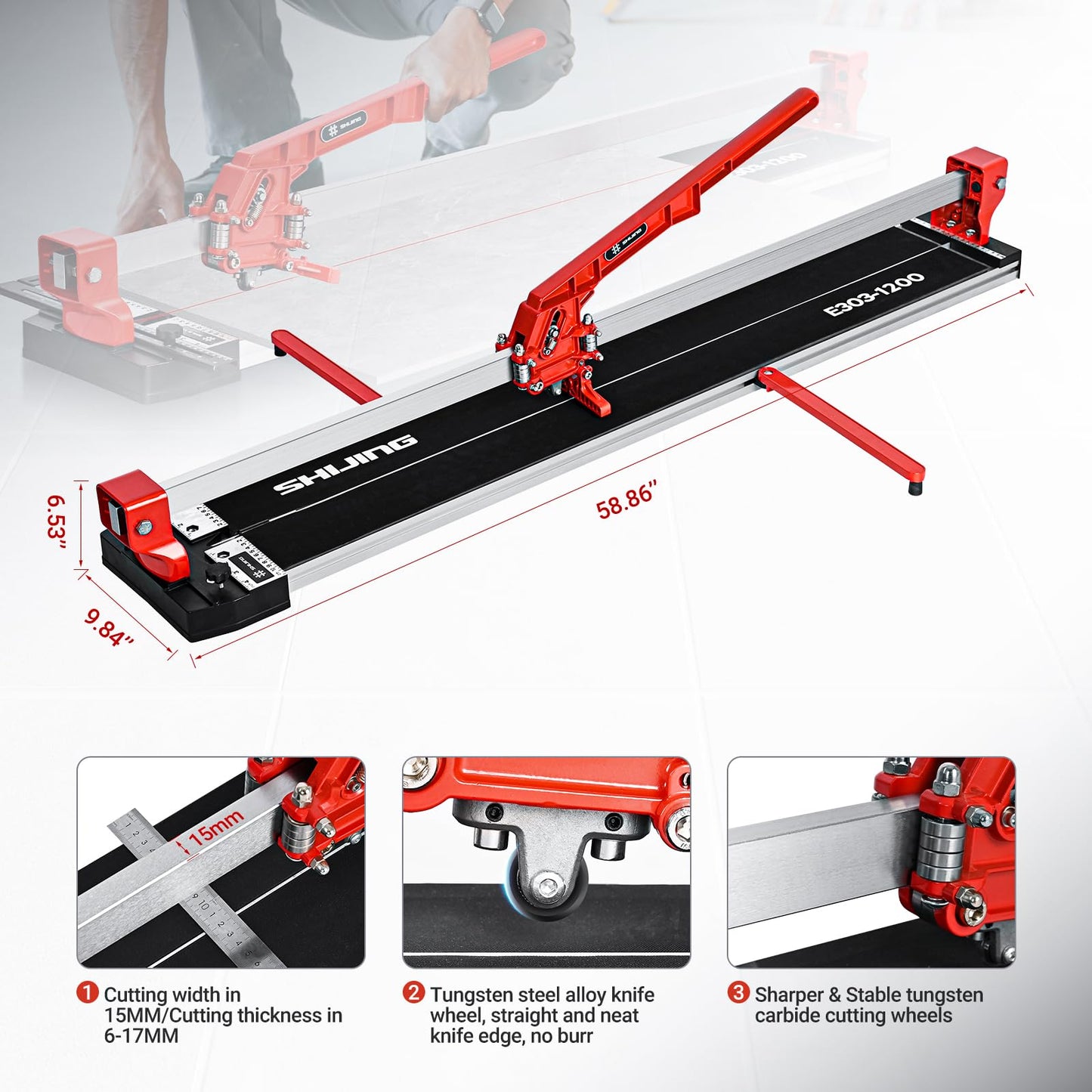 SHIJING 48-inch Manual Tile Cutter with Laser Cutting Guide Porcelain Tile Cutter with Split Platen,Double Aluminum Base,Tungsten Carbide Cutting Wheel