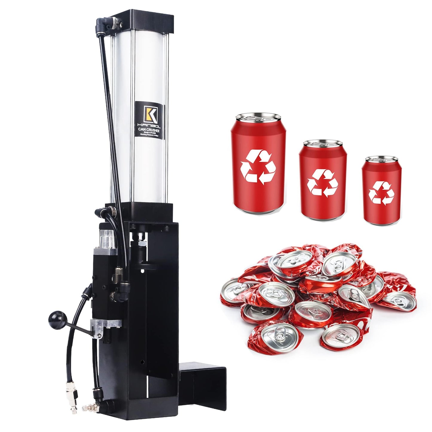 KANBOL Pneumatic Can Crusher, Air Powered Aluminum Can Crusher with Heavy Duty Mechanical Lever for 12/16/24oz Soda & Beer Cans – Series 335 Durable Recycling Tool for Garage & Workshop-Black