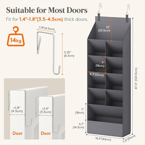 Lifewit 6-Tier Over The Door Shoe Organizer - 11 Large Deep Pockets for Up to 12 Pairs - Gray Fabric Storage Shelf