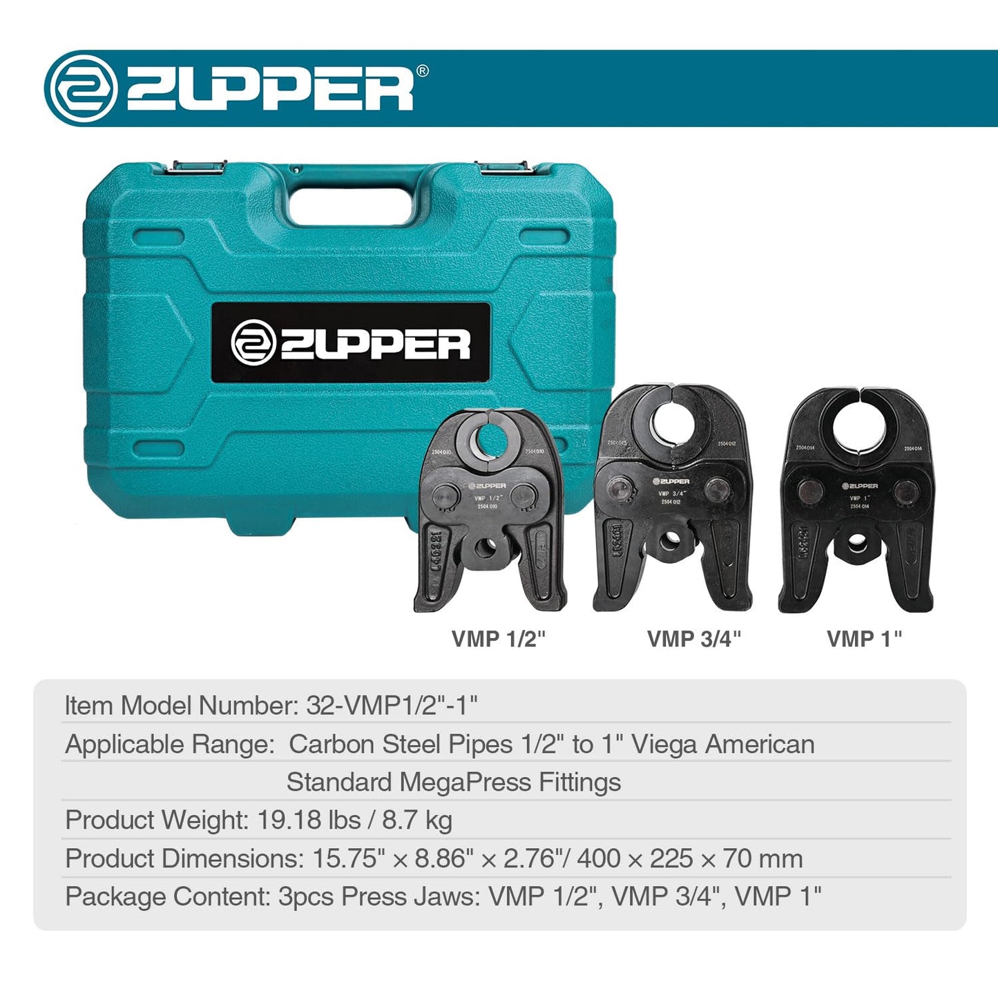 ZUPPER MegaPress Jaws, 3PCS Standard Pressing Jaws Kit 1/2", 3/4", 1" for Carbon Steel Pipes, Compatible with Standard Press Tools (32 kN / 7,200 lbs) - with Carrying Case