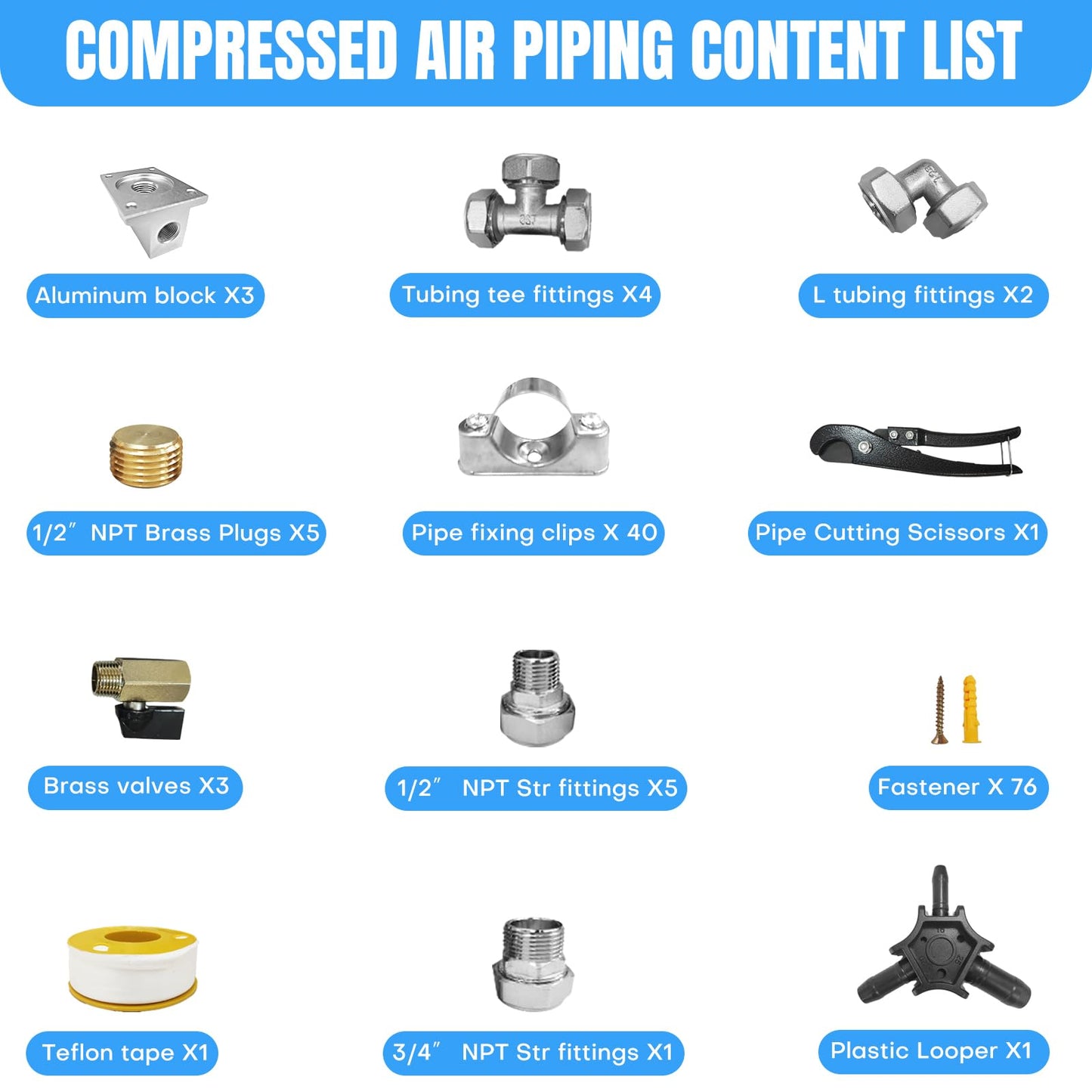 3/4 Inch x 200 FT Shop Air Line Kit, Compressed Air Piping System for Shop, Garage, HDPE Tubing and Aluminum Rapid Air System Includes Right Angle Fittings and Tee Fittings, Air Line Tubing Kit