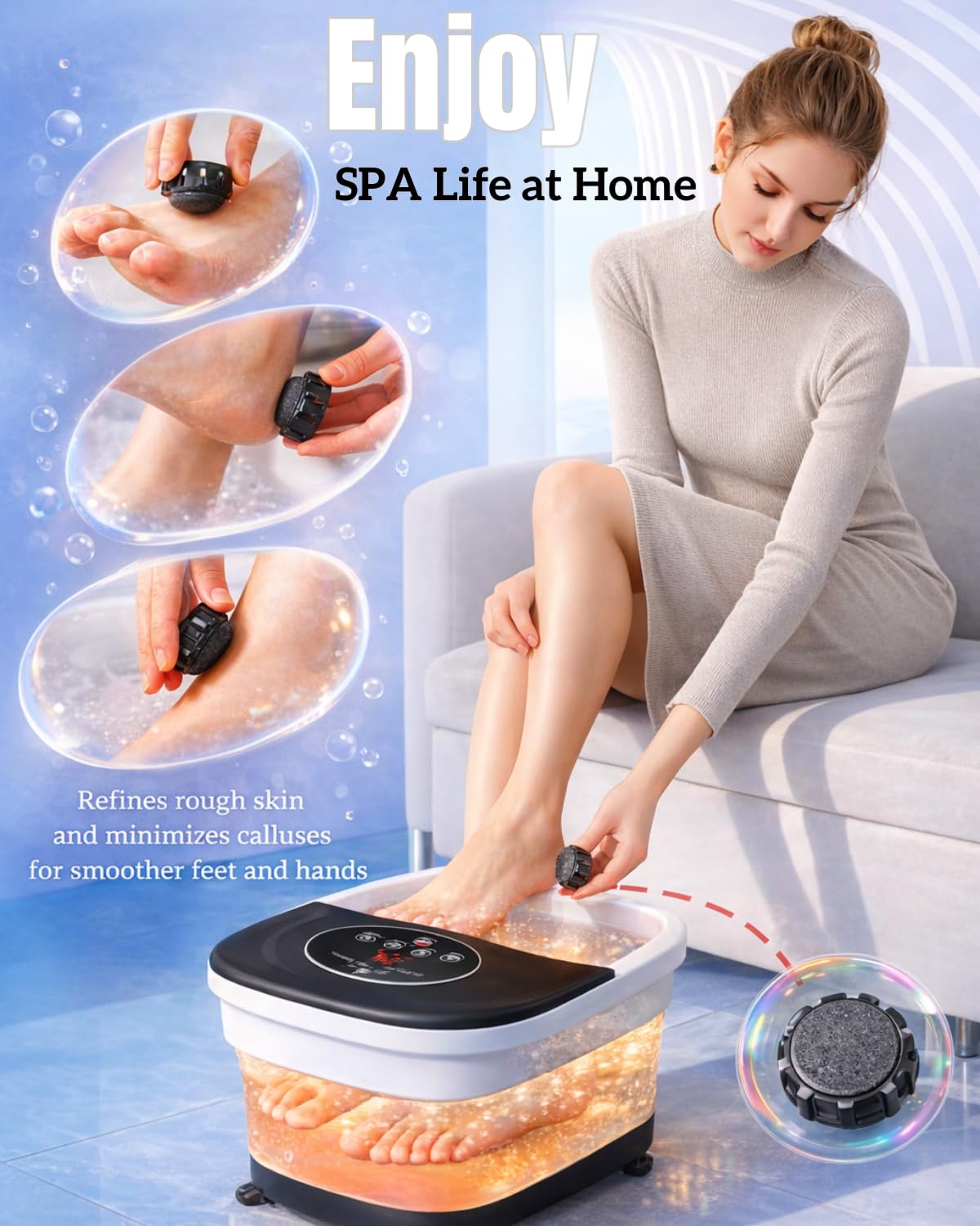 Collapsible Heated Foot Spa with Bubble and Red Light Temperature Control Foot Bath Massager and Soaking Tub Featuring 8 Shiatsu Massage Rollers Pumice Stone and Built-in Timer Ideal Gift for Wife,Mom
