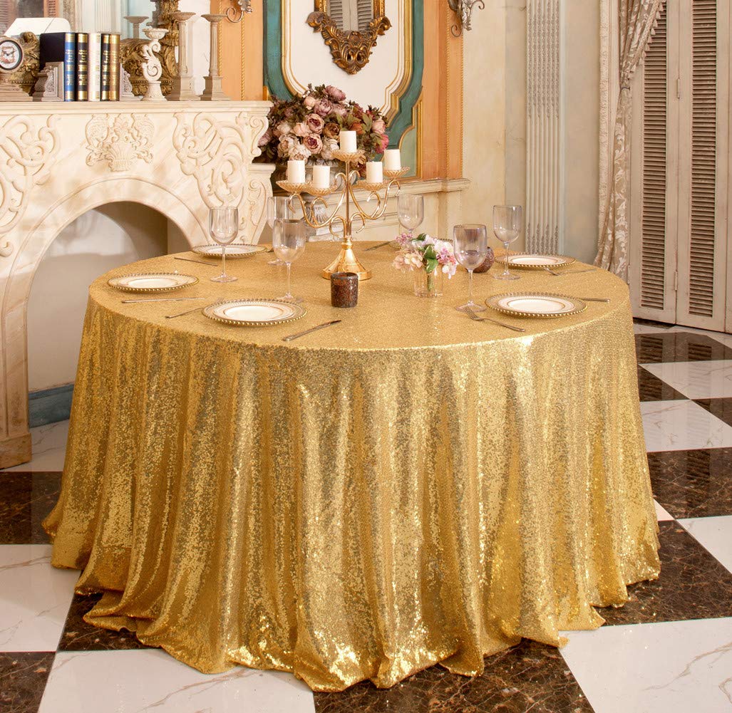 SquarePie Sequin Tablecloth Round Gold 132 Inch Sparkly Table Linen for Wedding Birthday Party Christmas
