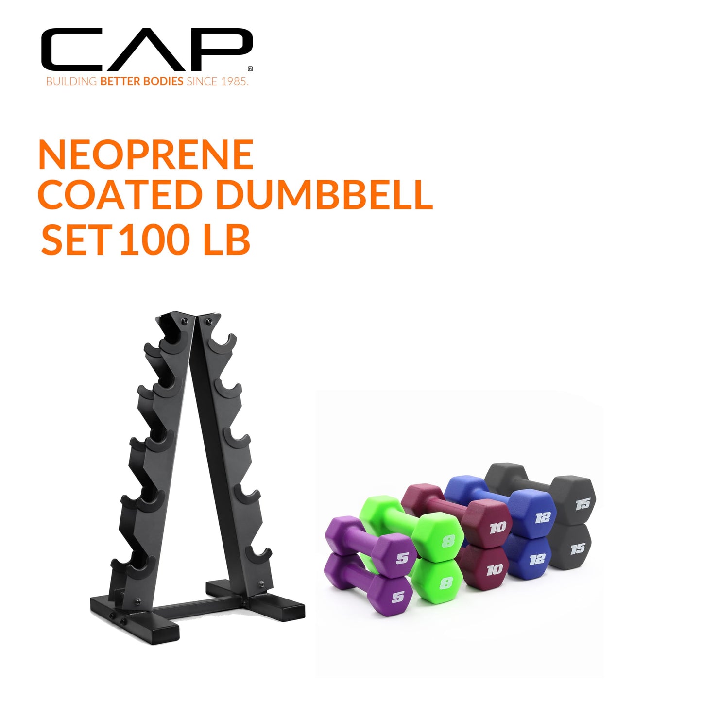 CAP Barbell 100 LB Set of Neoprene Dumbbells with Rack Color Series | 5, 8, 10, 12 and 15 LB pairs