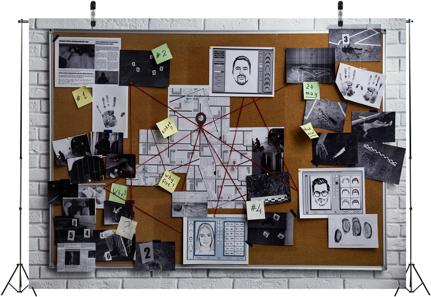 BELECO 9x6ft Fabric Spy Theme Detective Photography Backdrop Detective Board with Crime Scene Photos Fingerprint Clues