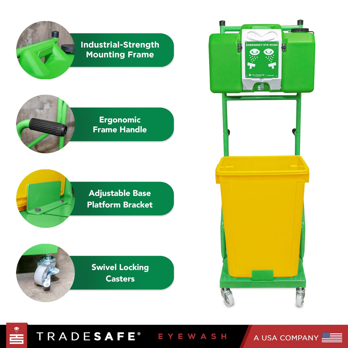 TRADESAFE Portable Eye Wash Station OSHA Approved - Emergency Eye Wash Station, 8 Gallon Eye Wash First Aid with Cart and Wastewater Bin, Eyewash Station Sign, OSHA and ANSI Compliant