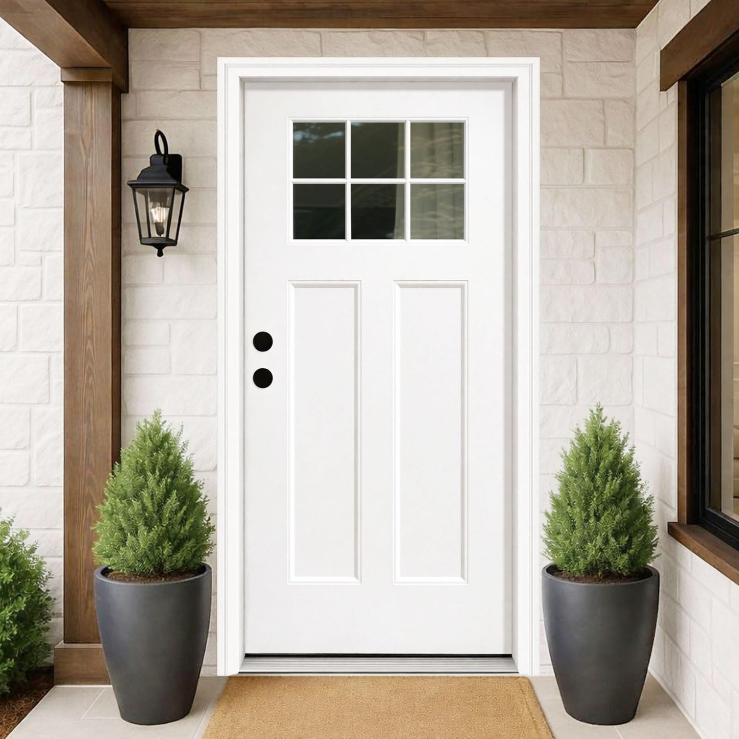 KHSHOW Fiberglass Entry Door, 36'' x 80" with Brickmould,Vinyl Frame,White Primed, Right Hand Inswing, Front Entry Knock-Down Door, 2-Panel Craftsman, 6-Lite Low-E Glass