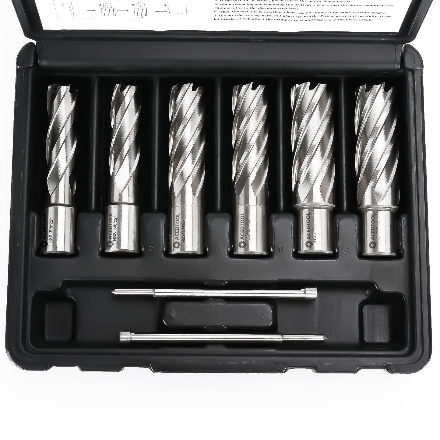 ACEDTOOL Annular Cutter Set, 6pcs Weldon Shank Mag Drill Bits, 2" Cutting Depth, 5/8",3/4",7/8" Cutting Diameter, M2 HSS, 2 Pilot Pins, Portable Case, for Using with Magnetic Drills