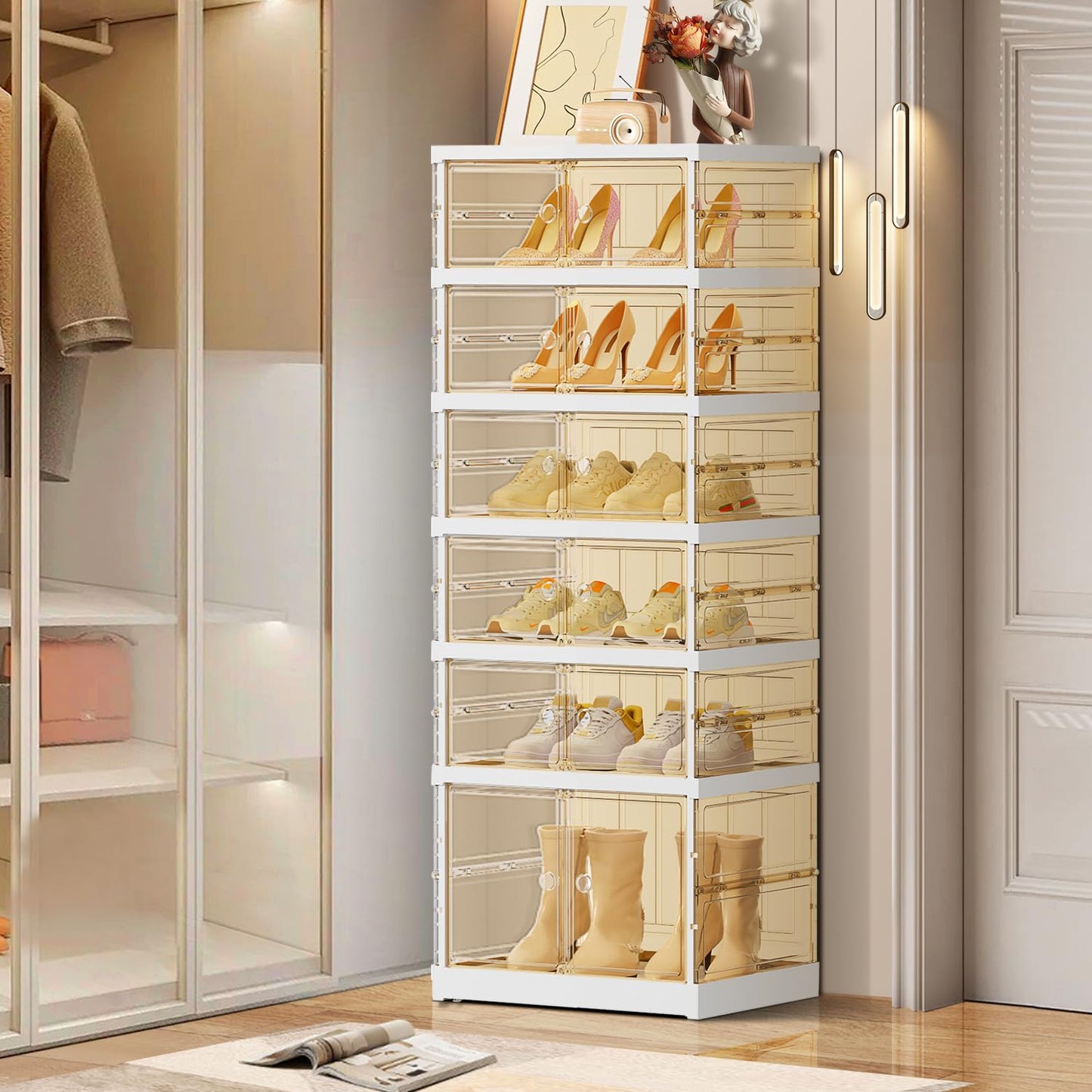 EHAMILY 6 Tiers 6-12 Pairs Foldable Shoe Boxes Large Plastic Shoe Storage Rack Collapsible Shoe Organizer for Closet Tall Shoe Shelf Clear Stackable Shoes Cabinet with Doors Entryway