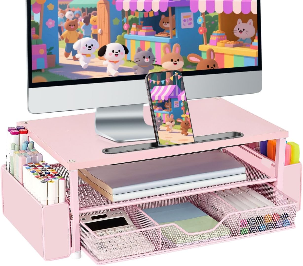 2-Tier AUPSEN Pink Desk Organizers and Accessories, Wood Computer Monitor Stand with Drawer, Pen Storage & Phone