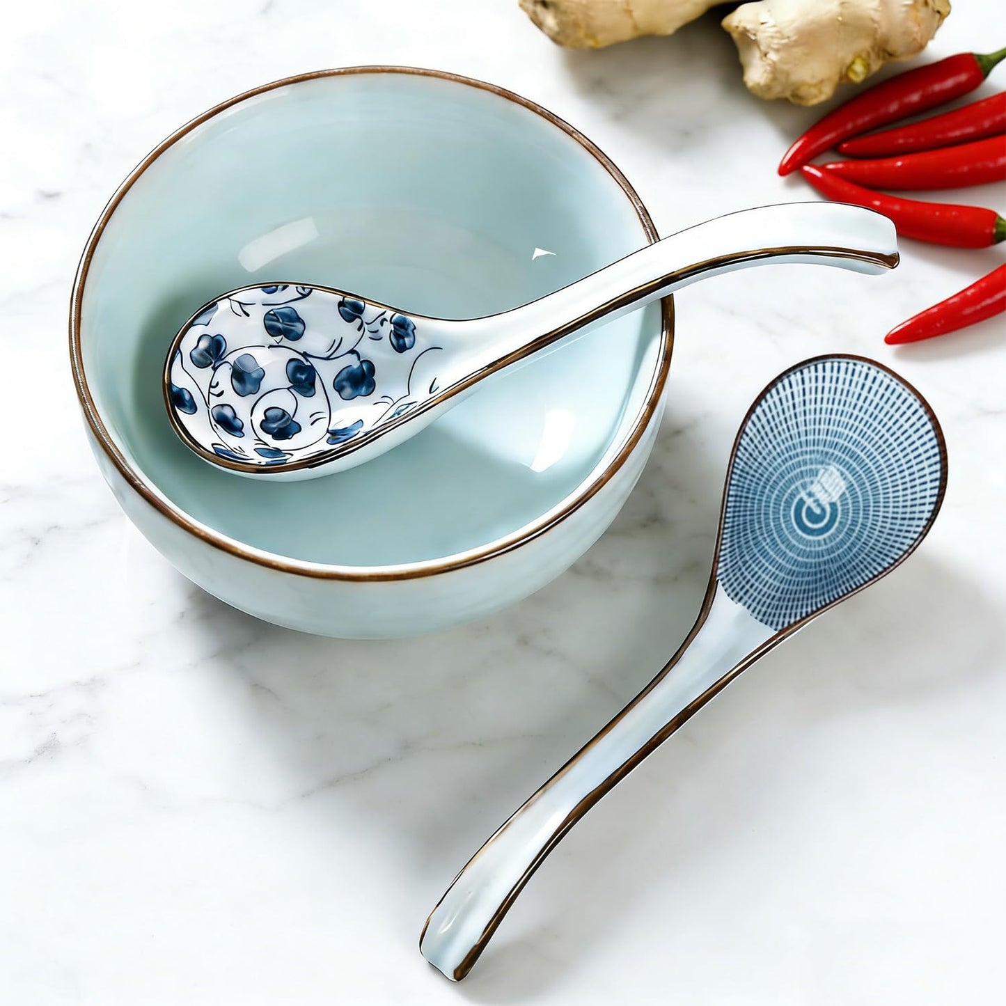4 PCS Ceramic Soup Spoons, Asian Soup Spoon Chinese Spoon Long Handle Ramen Spoon,Ceramic Spoon Japanese Spoons for Soup Wonton Dumpling Rice Pho Noodle Miso Soup Spoons-Set of 4