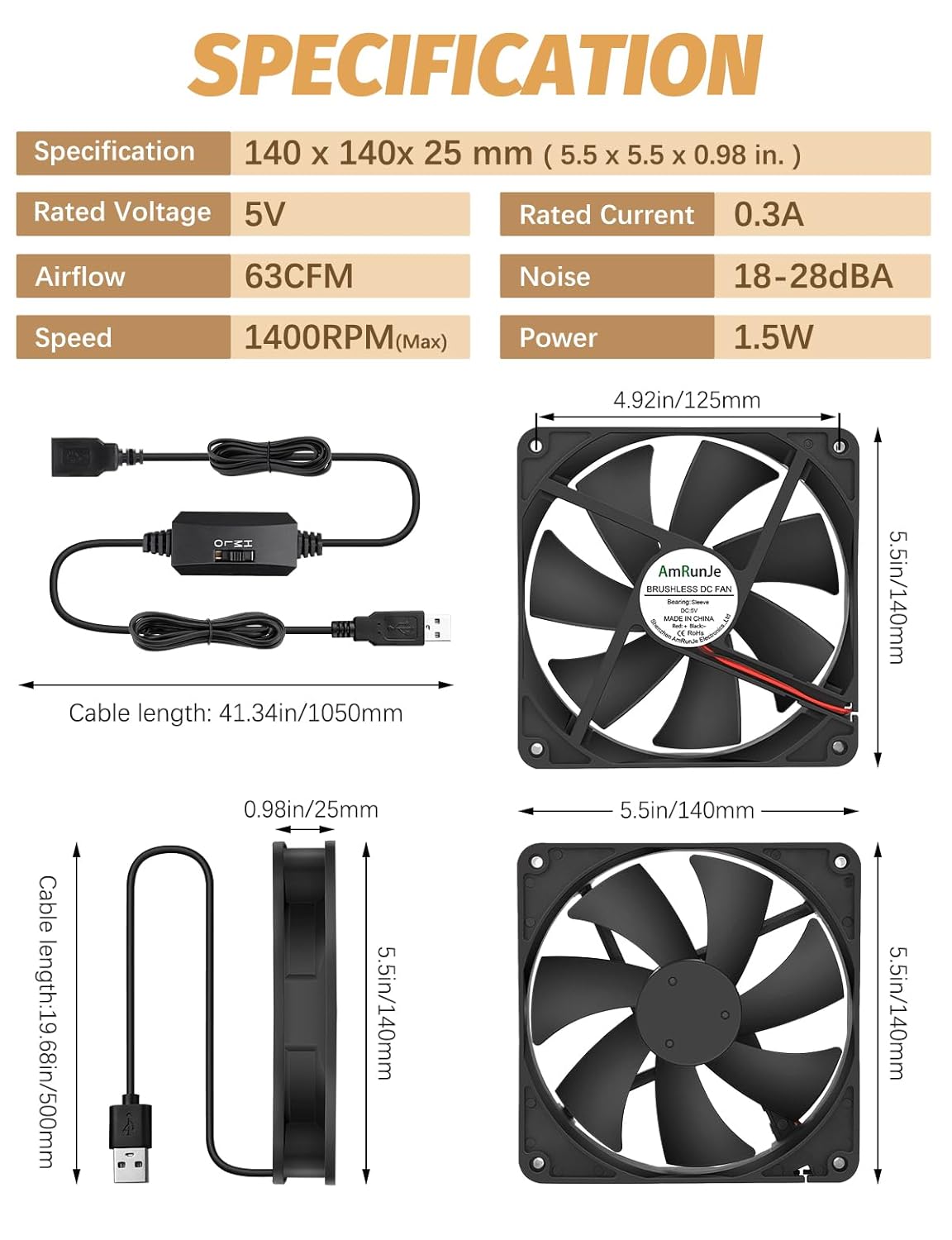 140mm 25mm 3 5v x USB Computer Fan with Speed Degree PC Cooling Fan for DVR Receiver PlayStation Xbox AV Cabinet