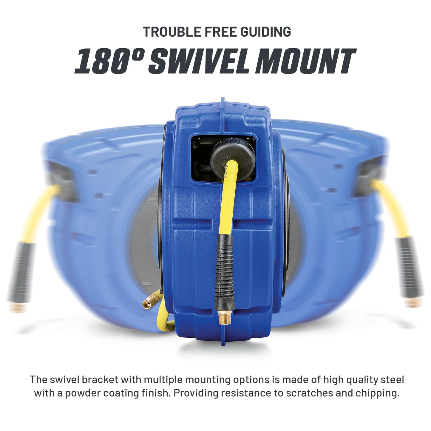 Goodyear Air Hose Reel Retractable 3/8" Inch x 65' Feet Premium Commercial Flex Hybrid Polymer Hose Max 300 Psi Heavy Duty Spring Driven Polypropylene Construction w/Lead-in Hose and PVC Handle