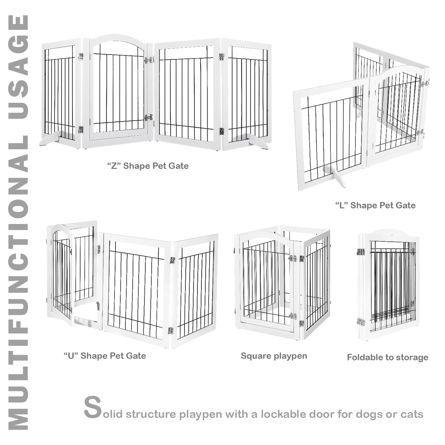 SPIRICH 96-inch Extra Wide 30-inches Tall Dog Gate with Door Walk Through, Freestanding Wire Pet Gate for The House, Doorway, Stairs, Pet Puppy Safety Fence, Support Feet Included (White)