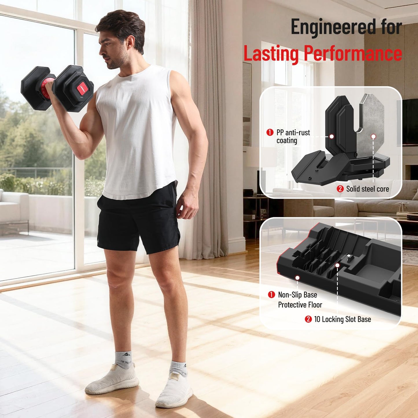HXD-ERGO 15 IN 1 Adjustable Dumbbell Set/Single, 1-Second Quick Change Weights, 55/110 LBS Free Weights Adjustable Dumbbell with Anti-Slip Grip & Secure Lock, Space-Saving Home Gym Equipment for Men/Women Full Body Workout (Single, 55LBS)