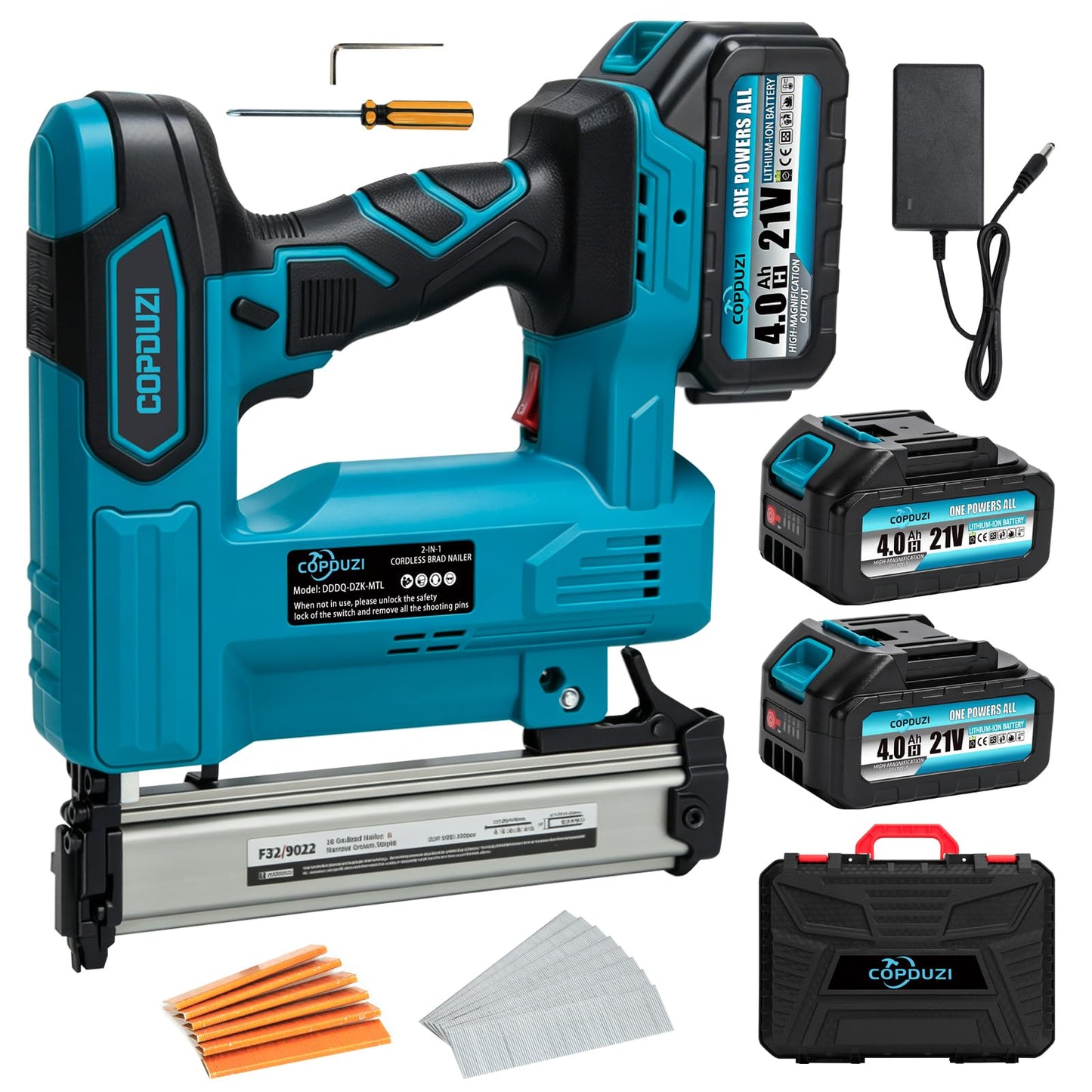 COPDUZI 21V Cordless Nail Gun, 18 Gauge 2-in-1 Electric Brad Nailer With 2 * 4.0Ah Battery, Pistola De Clavos with 2000pcs Nails, Power Nailers Adjustable Depth for Wood, Upholstery & DIY Projects