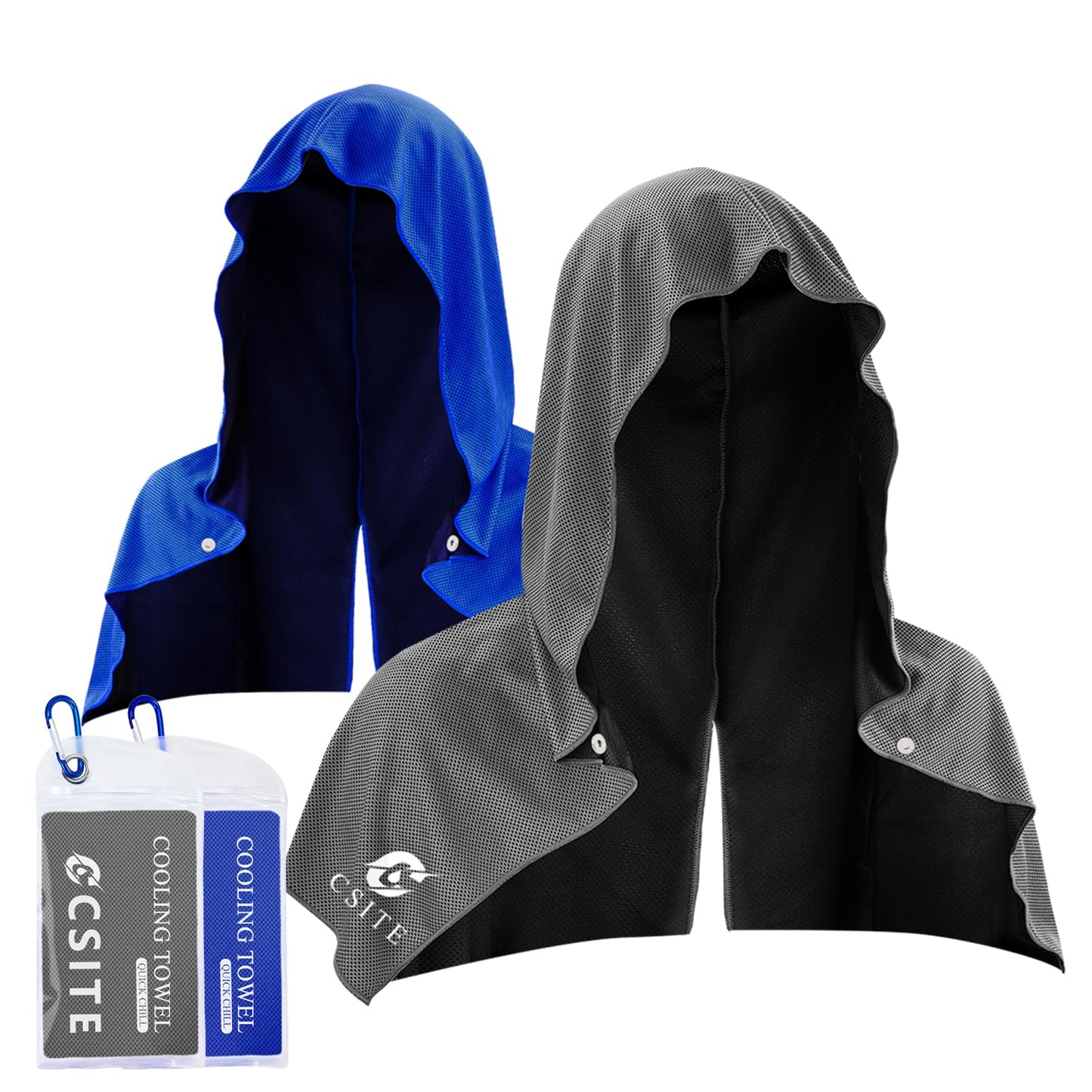 CSITE 2 Pack Cooling Hoodie Towels, Instant Cooling Towels for Neck and Face, UPF 50 Sun Protection, Ice Towel for Hot Weather, Head Towel for Sports, Camping, Cycling & More Activities