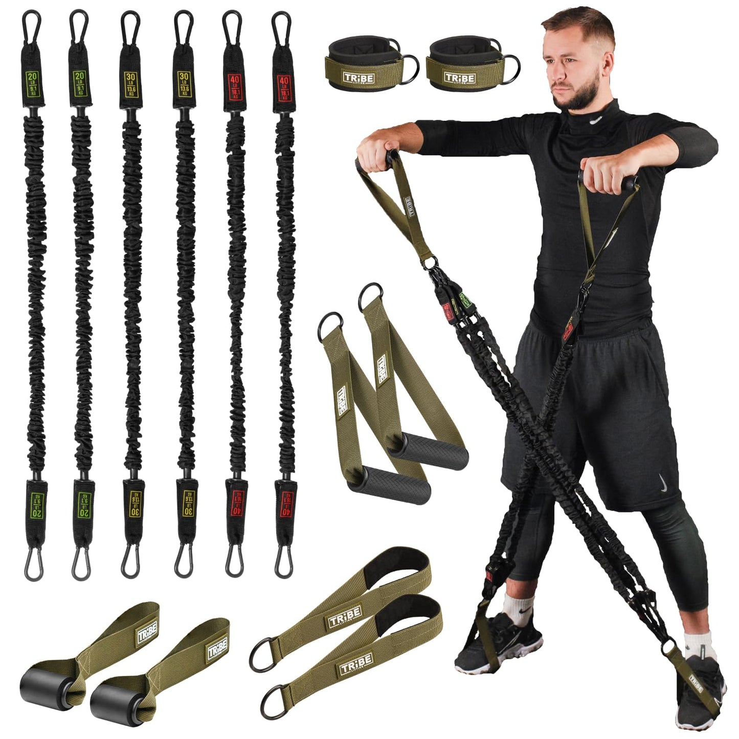 Tube Resistance Bands for Working Out Men and Women - 180lb Exercise Bands Set with Handles, Resistance Band Bar, Ankle Straps, Foot Straps, Door Anchor for Home Gym Strength (Green)