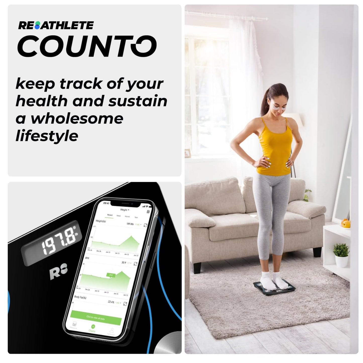 COUNTO Smart Scale- Digital Scale Measuring Body Parameters| Smart Bluetooth Body Fat Measurement Device, Body Composition Monitor with Smart App| Bathroom Scales Accurate for Bmi Muscle