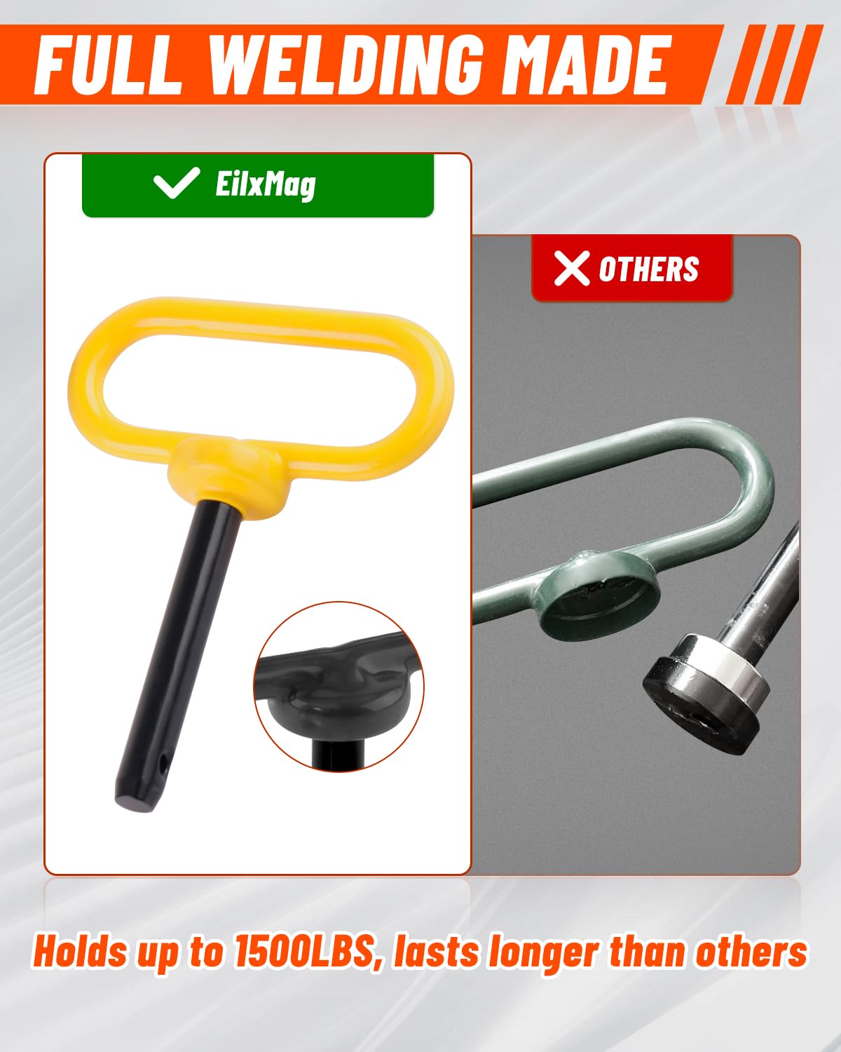 EilxMag 2Pack Hitch Pin, 1/2 x 3 Inch Trailer Hitch Pin with Clip and Rubber-Coated Handle, Strong Heavy Duty Lawn Mower Hitch Pin for Mowers, Tractor Truck, Towing Cargo, ATV (Yellow)