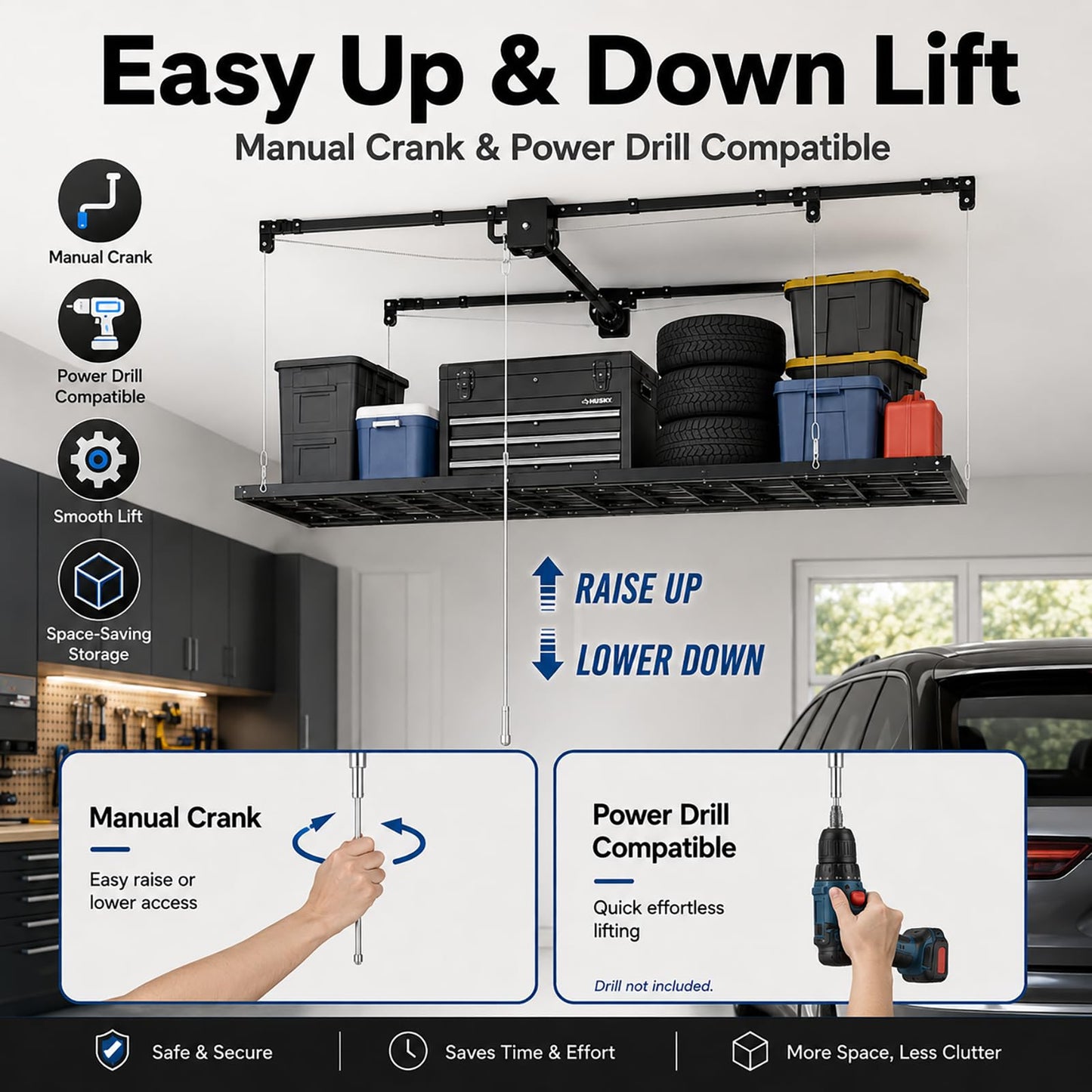 Overhead Garage Storage Rack 5x9 FT, Pull Down Garage Ceiling Storage Lift System with Drill-Operated Crank, Heavy Duty Ceiling Mounted Organizer with Safety Lock, 400 LBS Capacity
