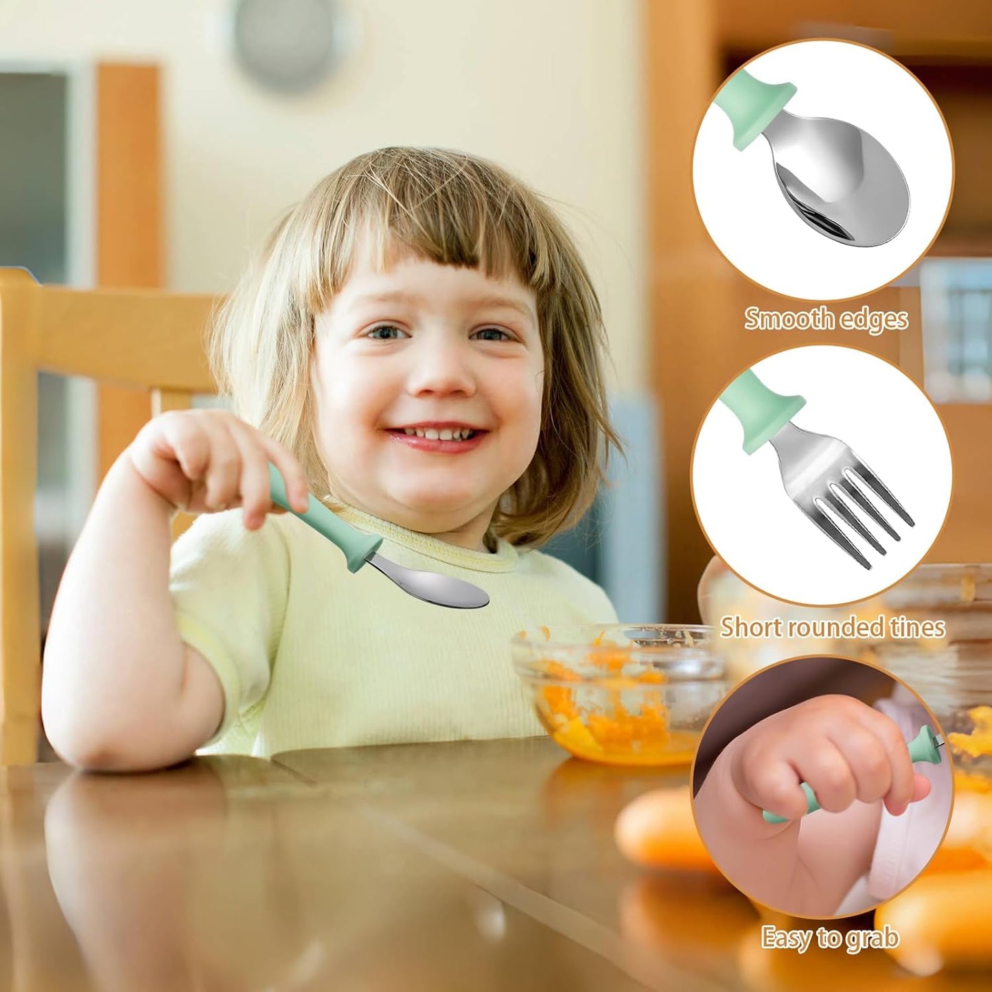 Pimoys Toddler Utensils Set - 6-Piece Stainless Steel Forks & Spoons with Plastic Handles | Dishwasher Safe