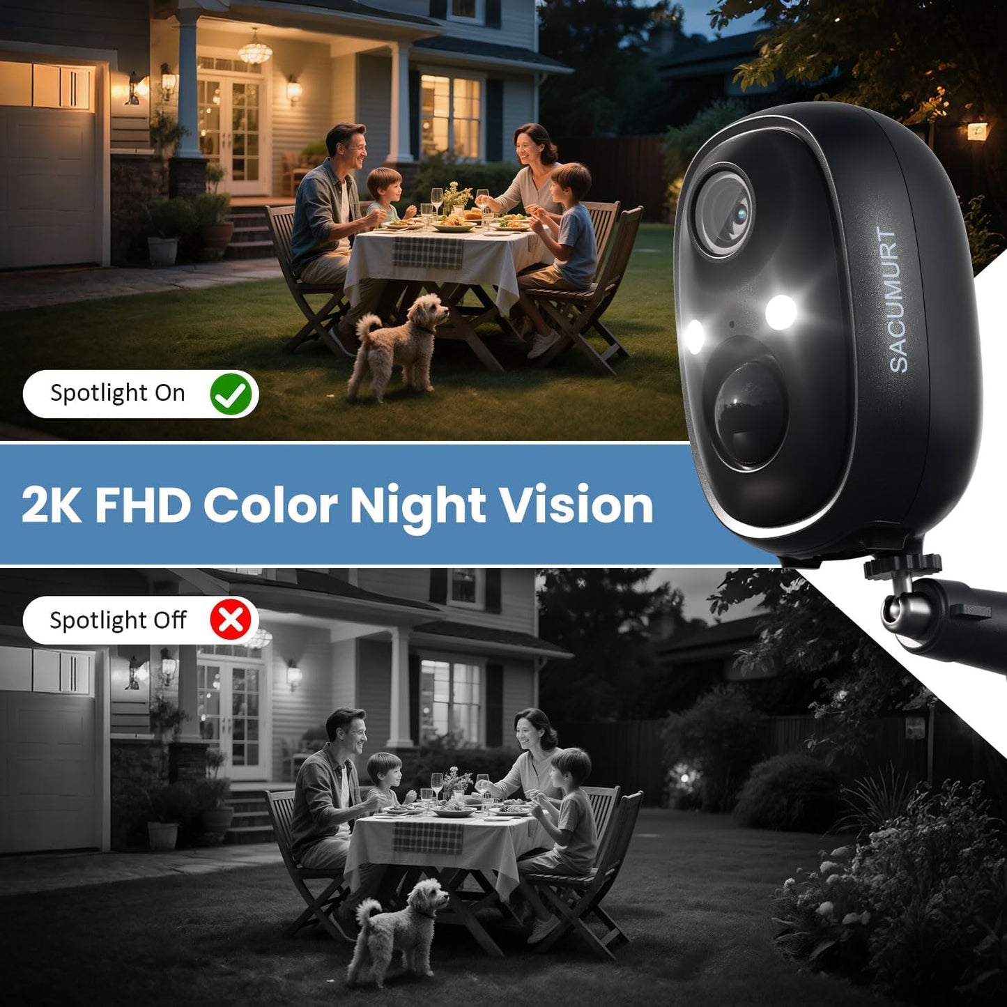 SACUMURT 2.4GHz 2K Security Cameras Wireless Outdoor, WiFi Camera Outdoor Wireless, Cameras for Home Security