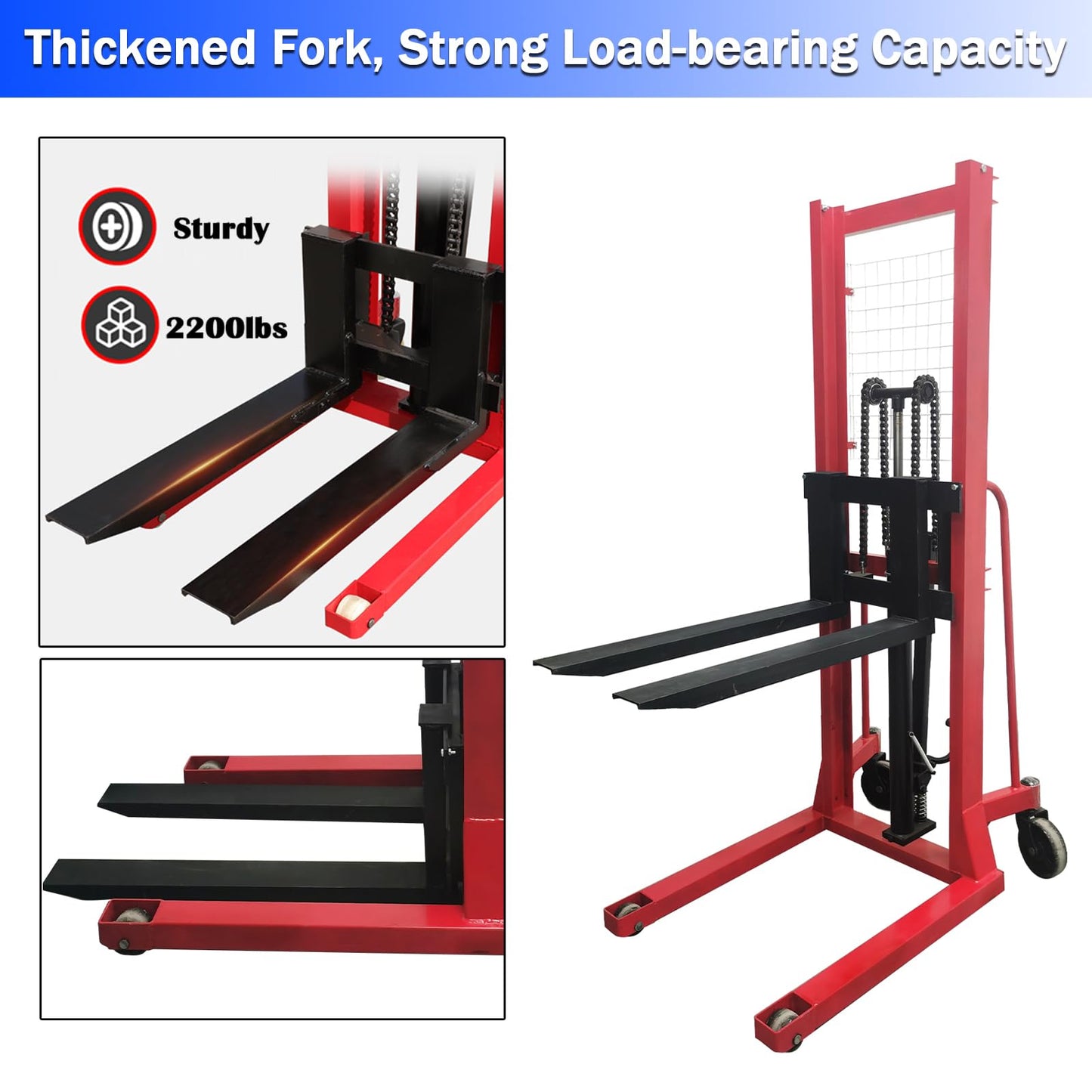 EQCOTWEA Manual Hydraulic Pallet Stacker 2200 LBS Load Pallet Truck Stacker 64" Lift Height Adjustable Forks Manual Stacking Winch Truck Used for Single Sided Pallets, for Warehouse Material Lifting