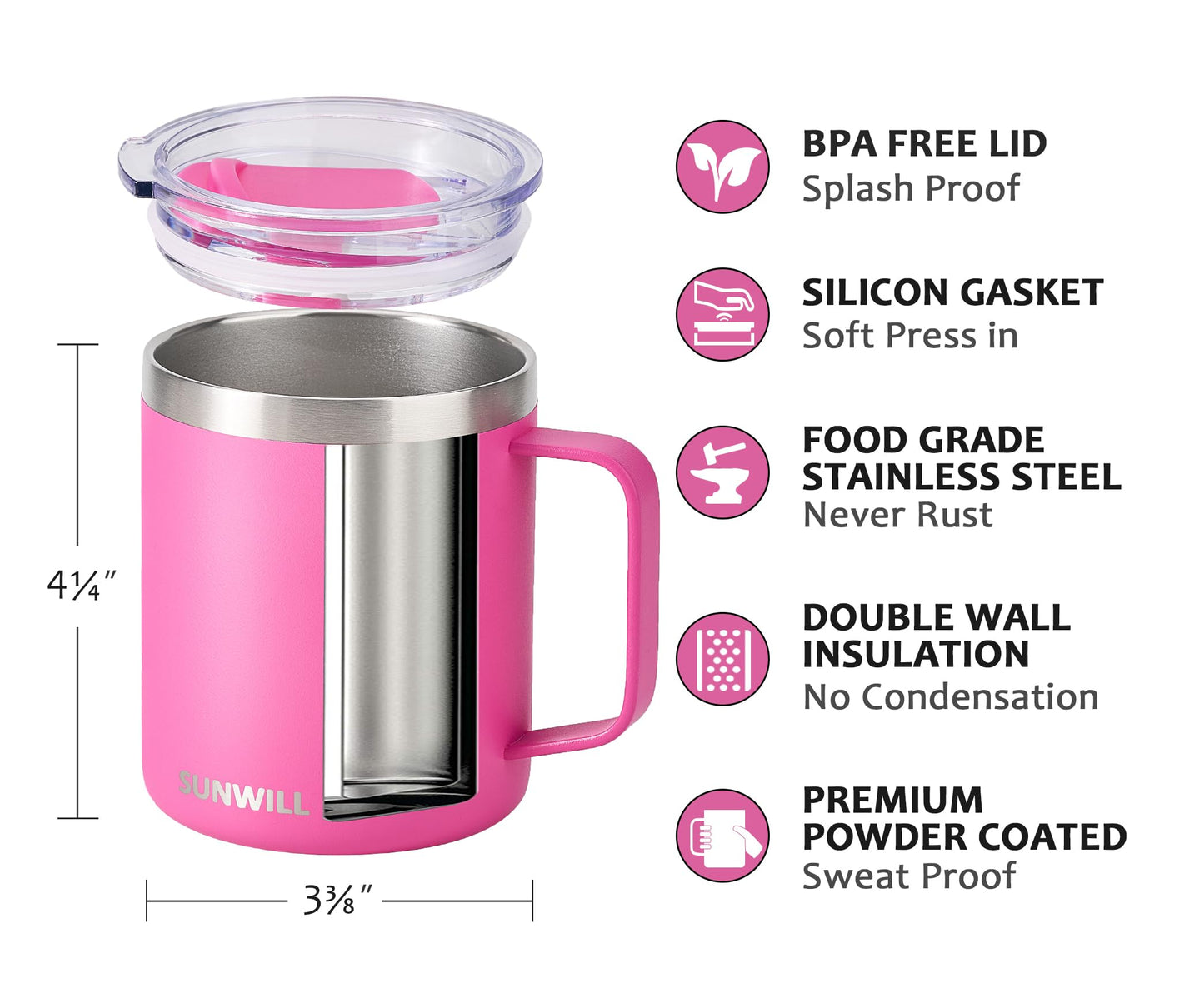 SUNWILL Travel Coffee Mugs Set of 4, Insulated Tumbler with Lid, 14oz Stainless Steel Cup with Handle Bulk for Gift, Camping, Office, Powder Coated Charcoal, Royal Blue, Magenta, Yellow