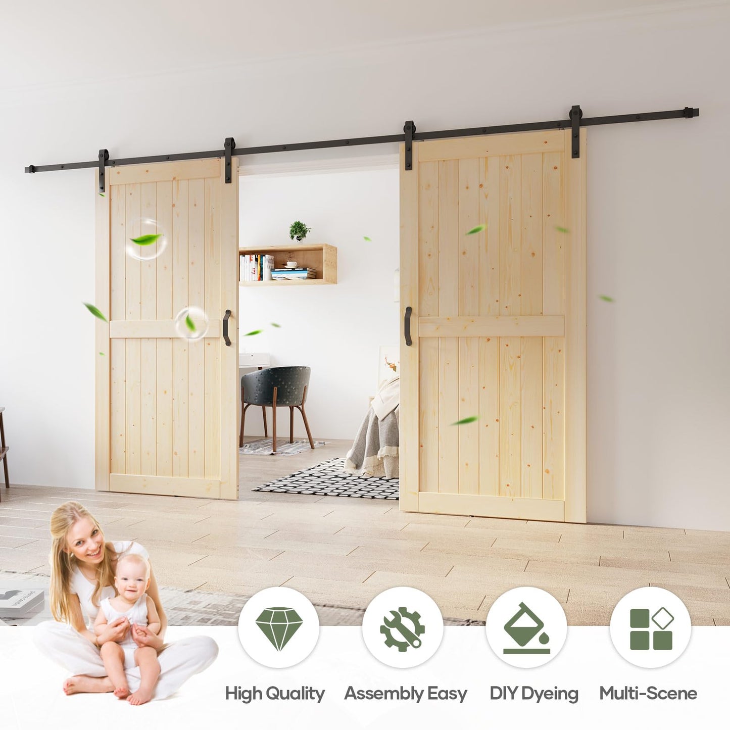ROYMELO Double 40x84 inch Sliding Barn Wood Door Slab with 7ft Hardware Kit