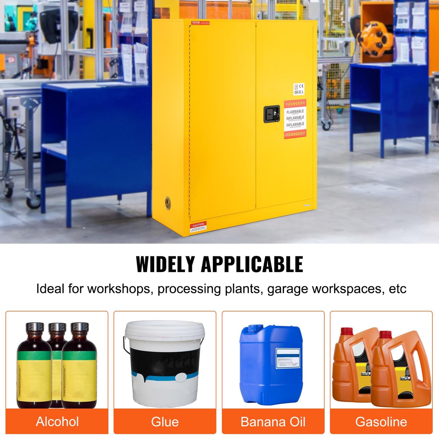 VEVOR Flammable Cabinet 18" x 43" x 50", Cold-Rolled Steel Flammable Liquid Storage Cabinet 34 Gal with 2 Adjustable Shelves/2 Manual Closing Doors for Industrial Use, Yellow