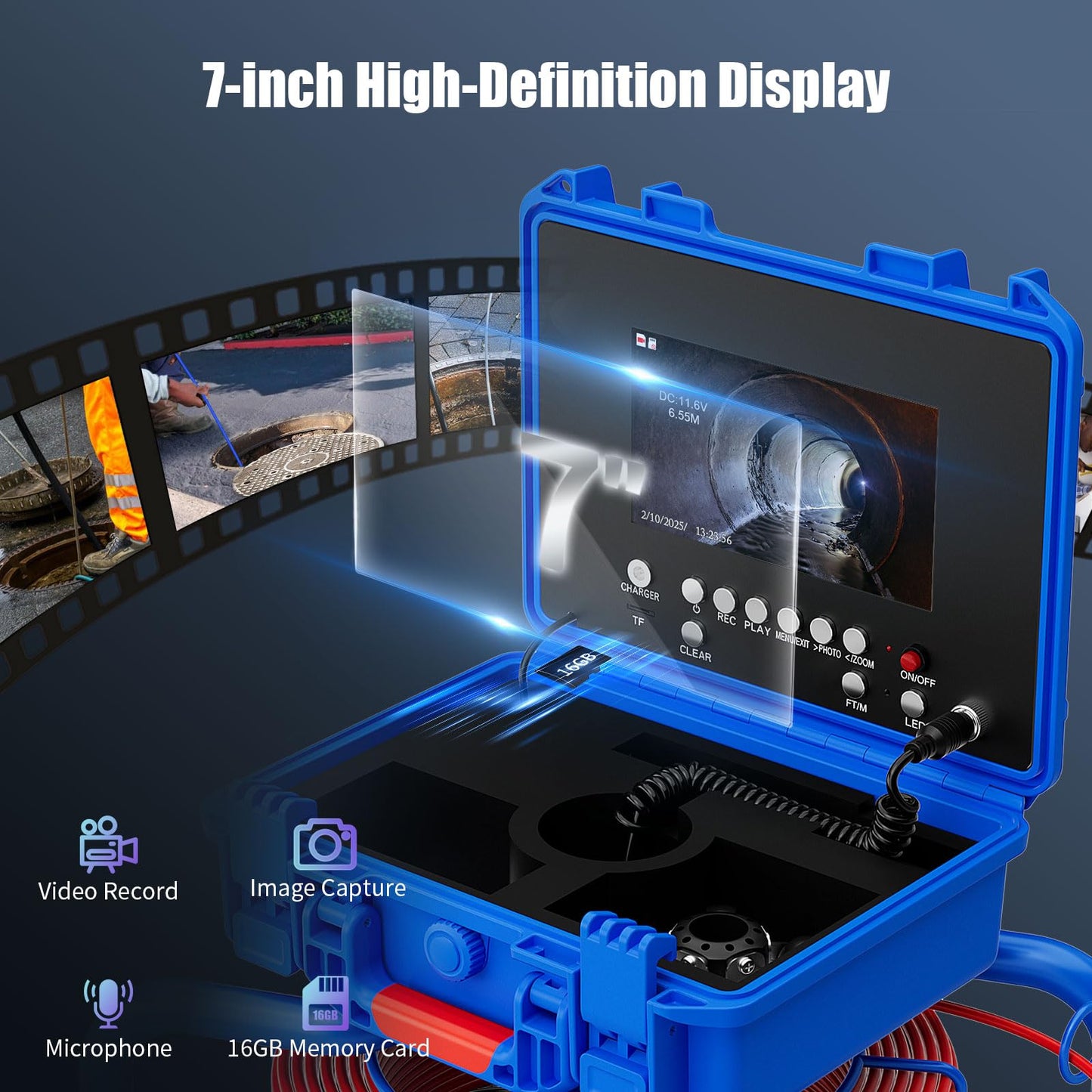 Sewer Camera with 18mm 512hz Transmit,Pipe Inspection Camera 7" DVR Waterproof IP68 Borescope Plumbing Drain Endoscope 32GB Card for Home Wall Duct Drain Pipe Plumbing