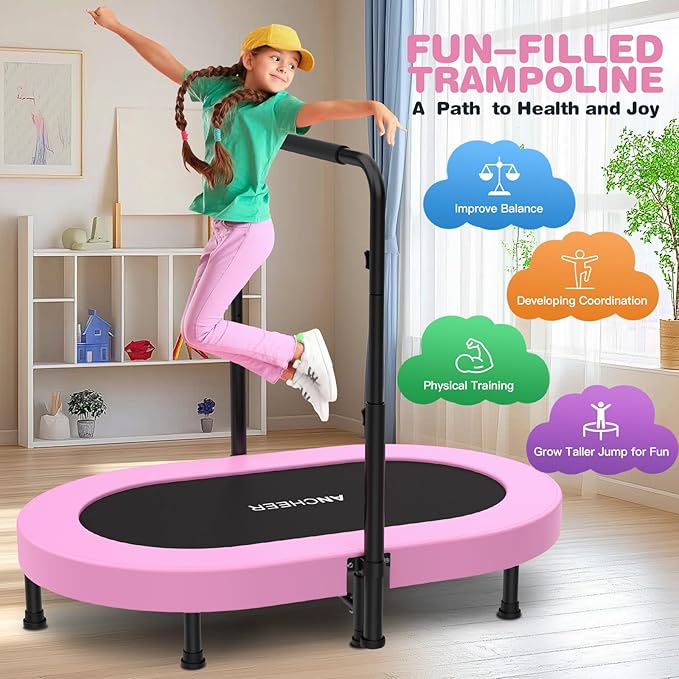 ANCHEER 56'' Foldable Mini Trampoline with Adjustable Handle - Indoor/Outdoor Rebounder for Kids & Toddlers Safe Oval Fitness Trampoline with Bar for Home Fun