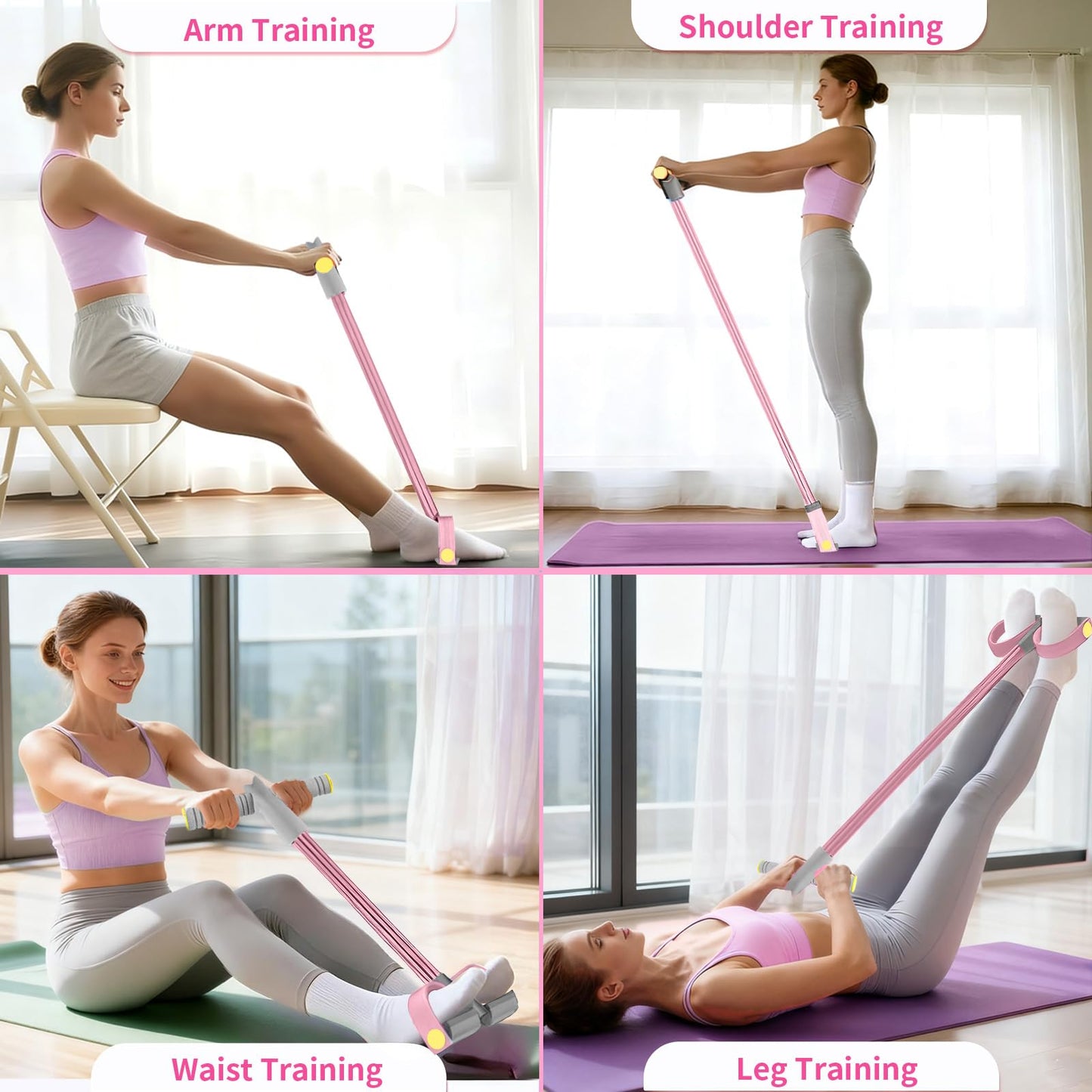 Pedal Resistance Bands with Handles, Durable 6-Tubes Multifunction Pedal Resistance Band, Natural Rubber Foot Pedal Resistance Bands, Fitness Resistance Bands for Abdomen, Waist, Arm, Leg (Pink)