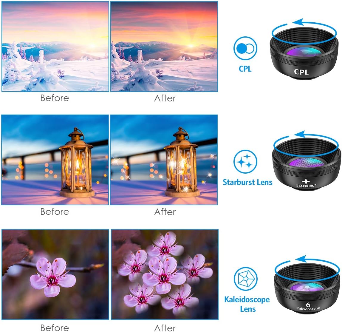 Criacr 210 120 25X 2X 6 7 1 Phone Camera Lens, Fisheye Wide Angle Macro Telephoto Star Lens CPL Kaleidoscope in Phone