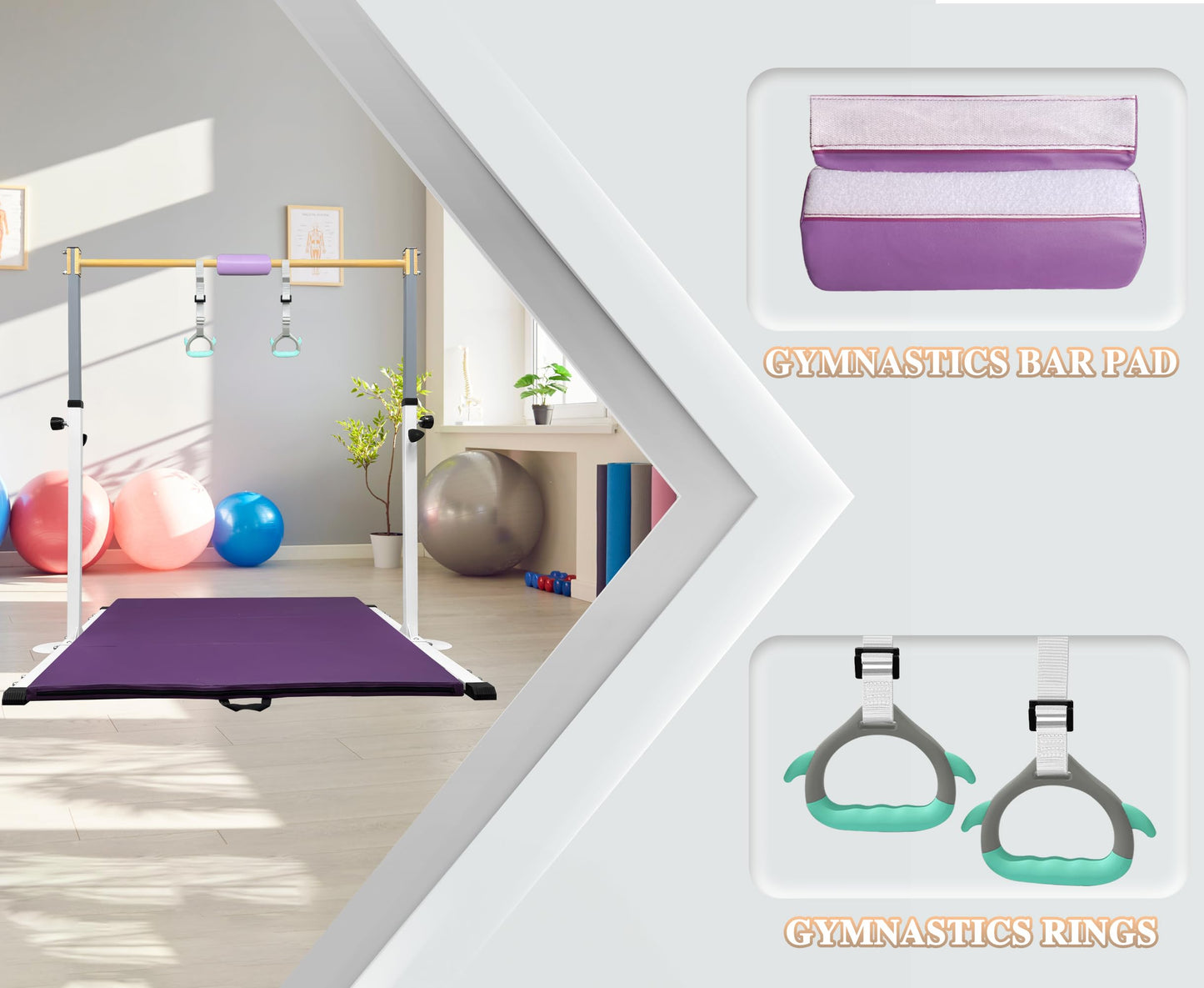 JOYSFIT Adjustable Gymnastics Bar for Kids with Mat - Sturdy Kip Bar with Rings, Horizontal Bar for Home Training, 3'-5' Height, Ages 3-15, 250 LBS Capacity, Easy Assembly.