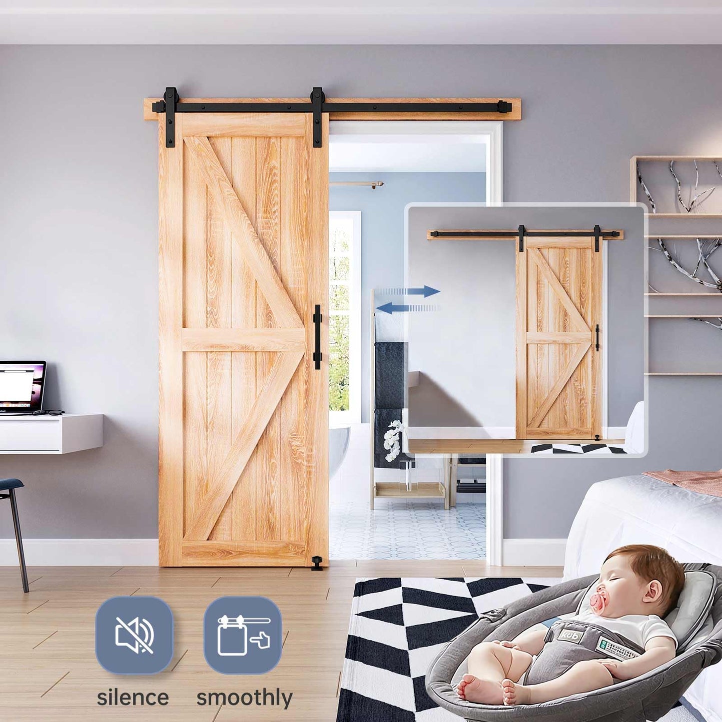 EaseLife 5 FT Sliding Barn Door Track and Handle Hardware Kit,Basic J Pulley,Slide Smoothly Quietly,Easy Install (5FT Track Kit for 24"~30" Wide Single Door)