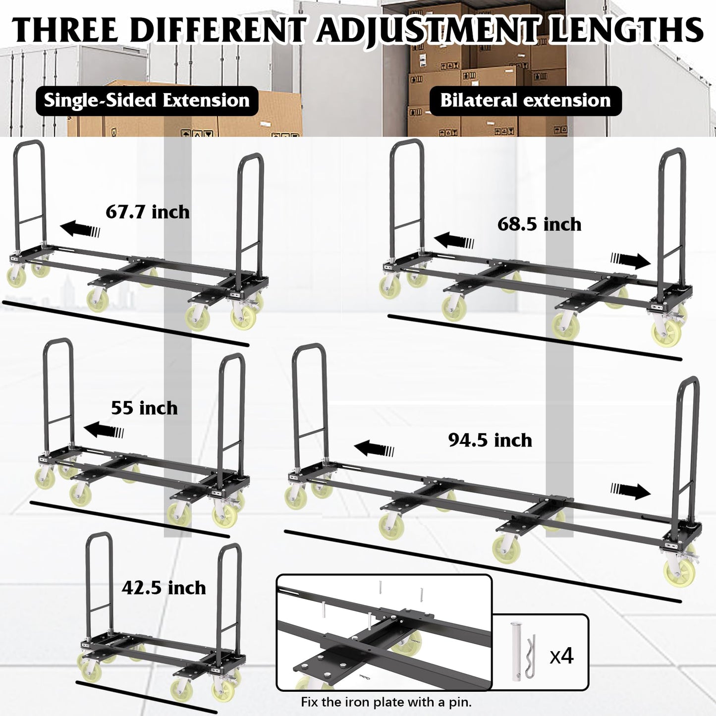 Heavy Duty Furniture Moving Dolly Cart, 1322 LBS High Capacity 8-Wheel Extendable Hand Truck, 42.5-94.5 Inch Adjustable Industrial Platform Cart with 6M Strap for Warehouse Large Appliance Bulk Goods